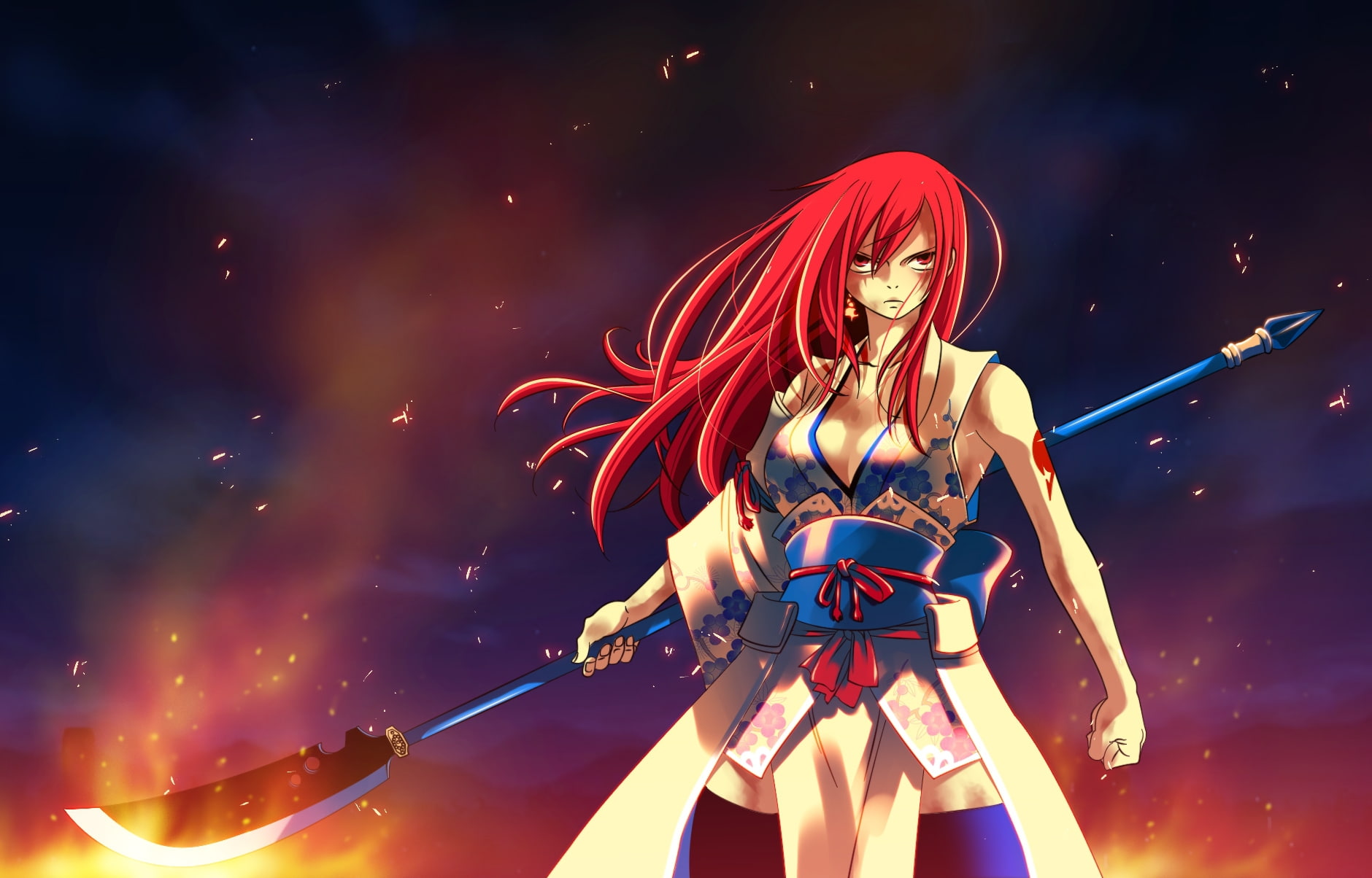 girls, scarlet, eyes, hd, art, tail, x, Fairy Tail, anime, red eyes, fairy, erza, 720P, red, HD Wallpaper
