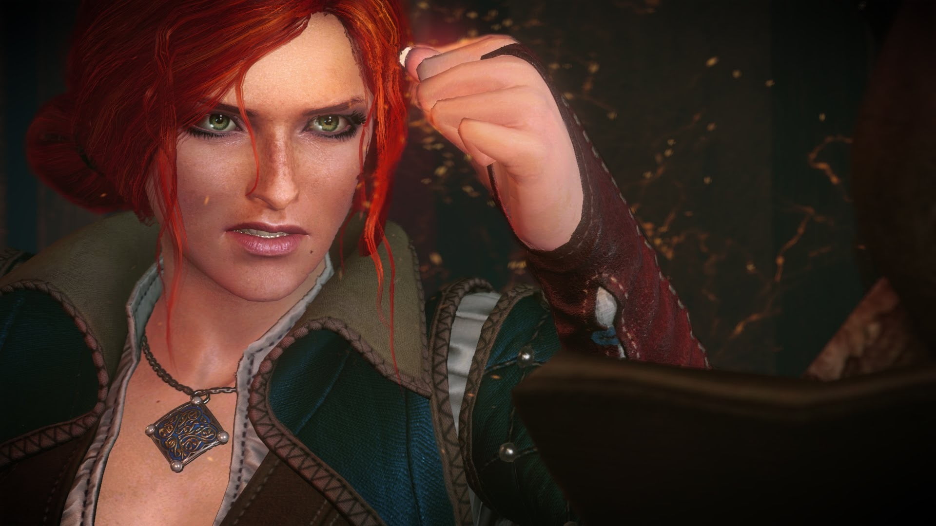 necklace, beautiful woman, casual clothing, looking at camera, The Witcher 3: Wild Hunt, young adult, headshot, illustration, tattoo, red, indoors, hairstyle, HD Wallpaper