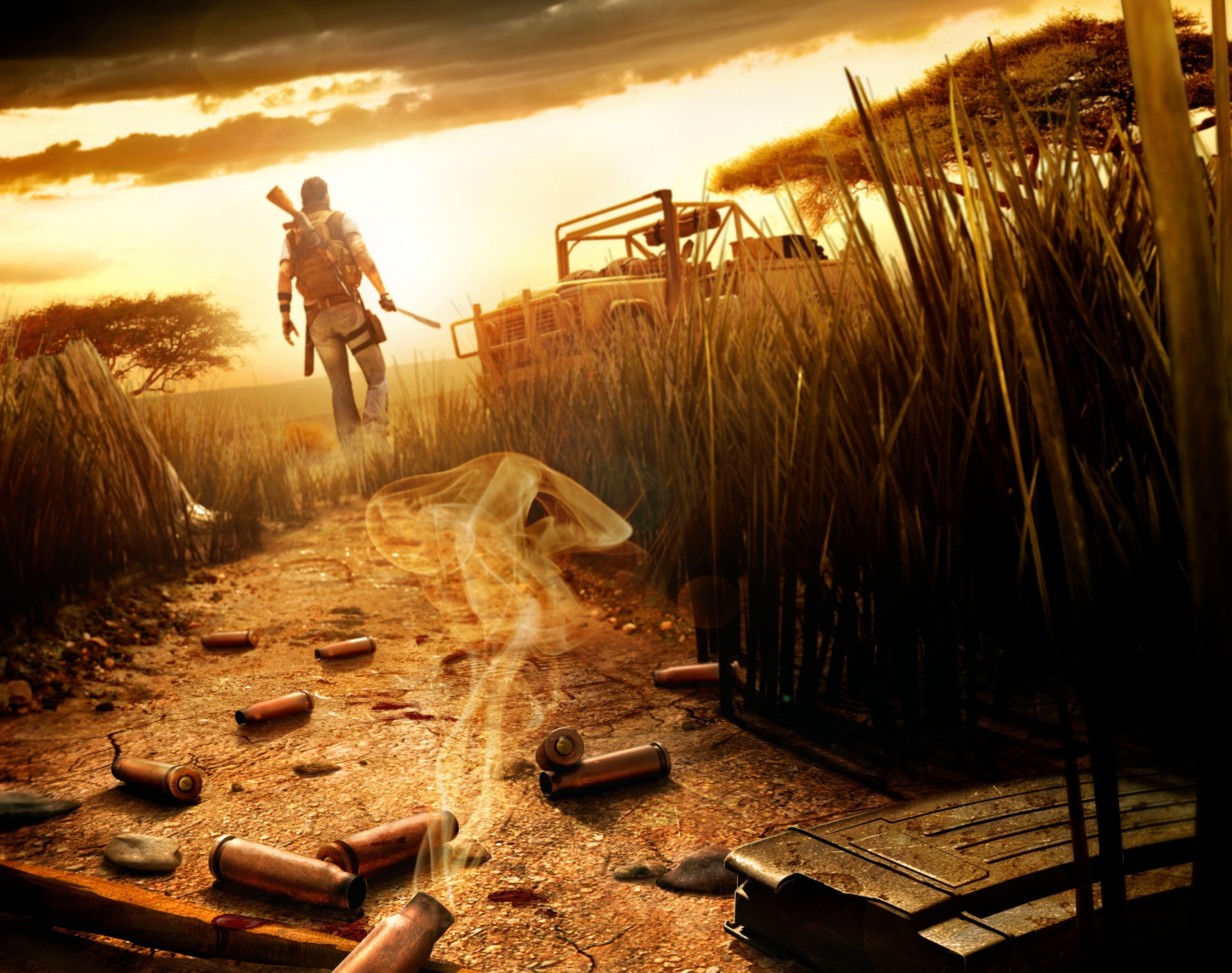 Far Cry, Bullets, walking, brown, sky, nature, bullet, real people, lifestyles, cloud - sky, Games, illustration, Far Cry 2, 2K, men, outdoors, plant, HD Wallpaper
