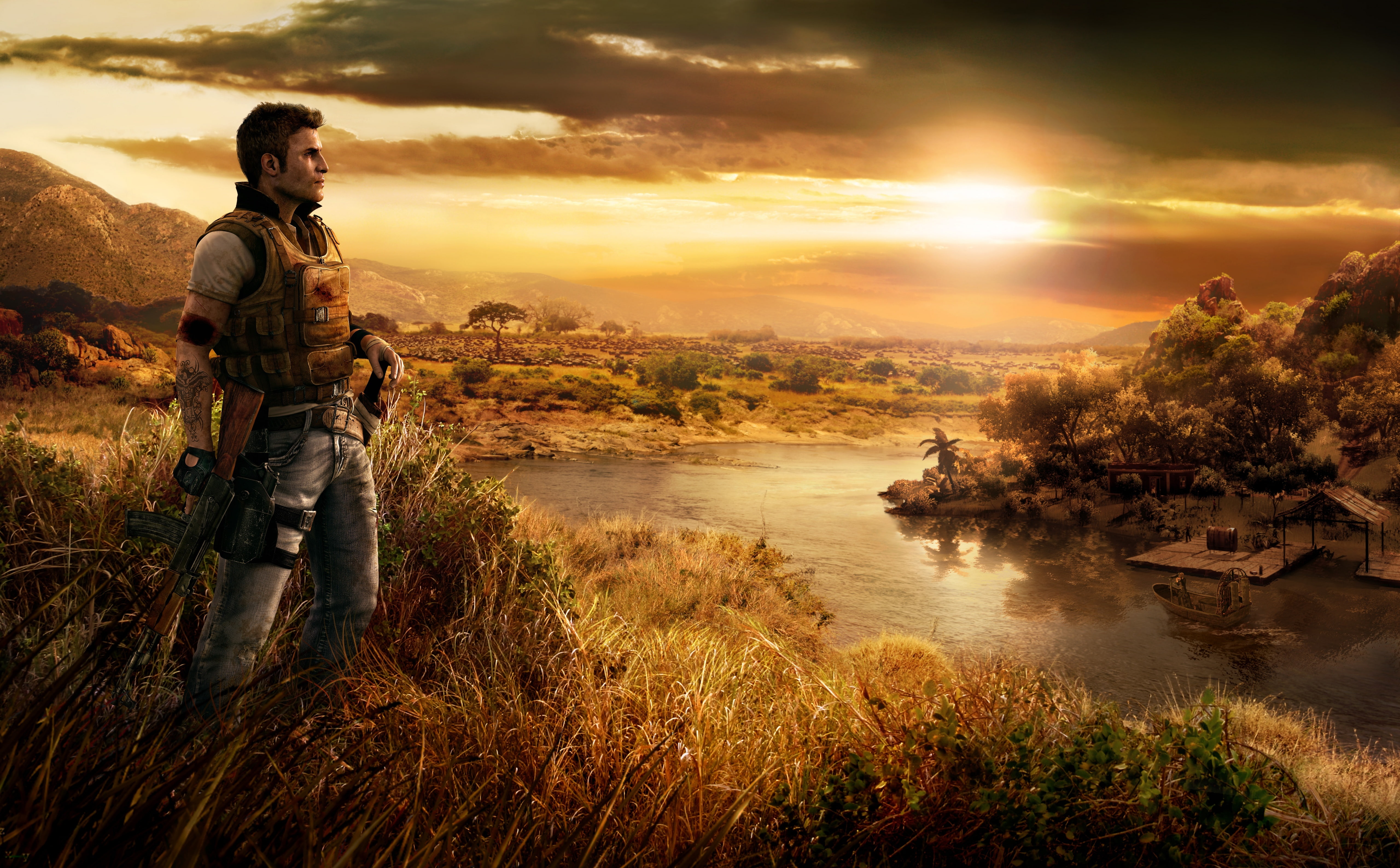 water, real people, holding, full length, rifle, nature, sky, cry, leisure activity, Landscape, 5K, lifestyles, outdoors, river, Far Cry 2, idyllic, beauty in nature, HD Wallpaper