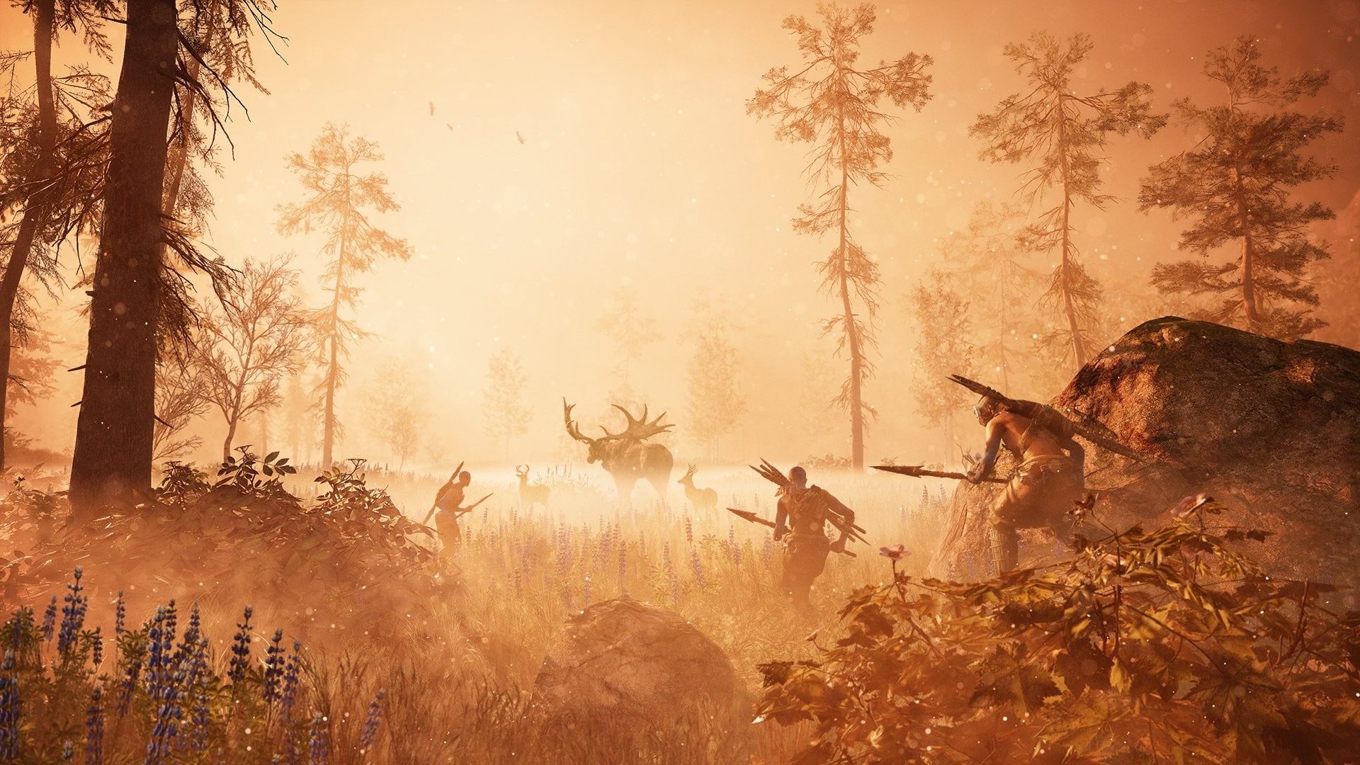 animals in the wild, field, far cry primal, mammal, scenics - nature, deer, sky, tree, herd, beauty in nature, animal wildlife, animal themes, livestock, HD Wallpaper