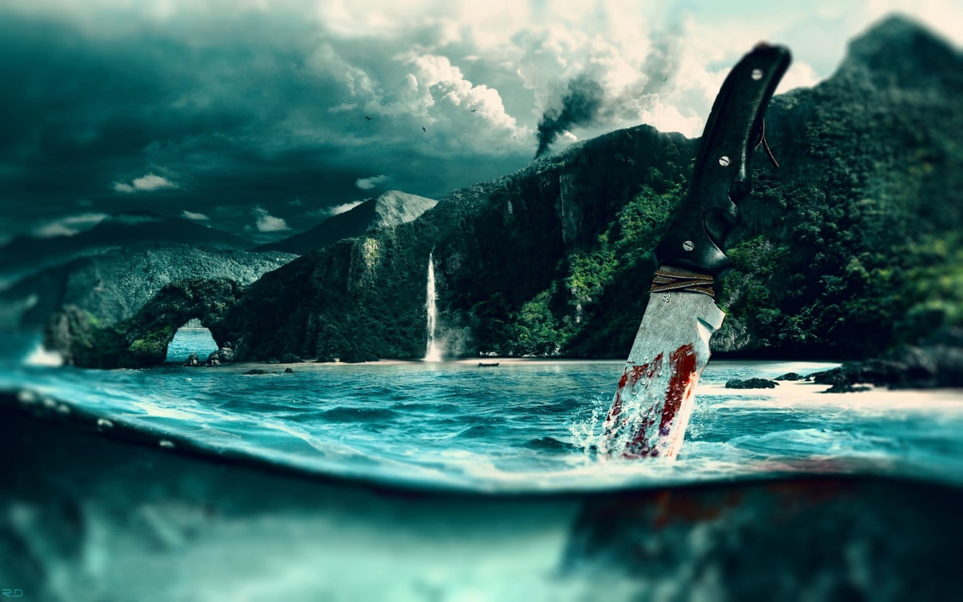 knife, day, nature, tree, no people, body, sky, sea, video games, nautical vessel, outdoors, Far Cry 3, selective focus, cloud - sky, mountain, flowing water, HD Wallpaper