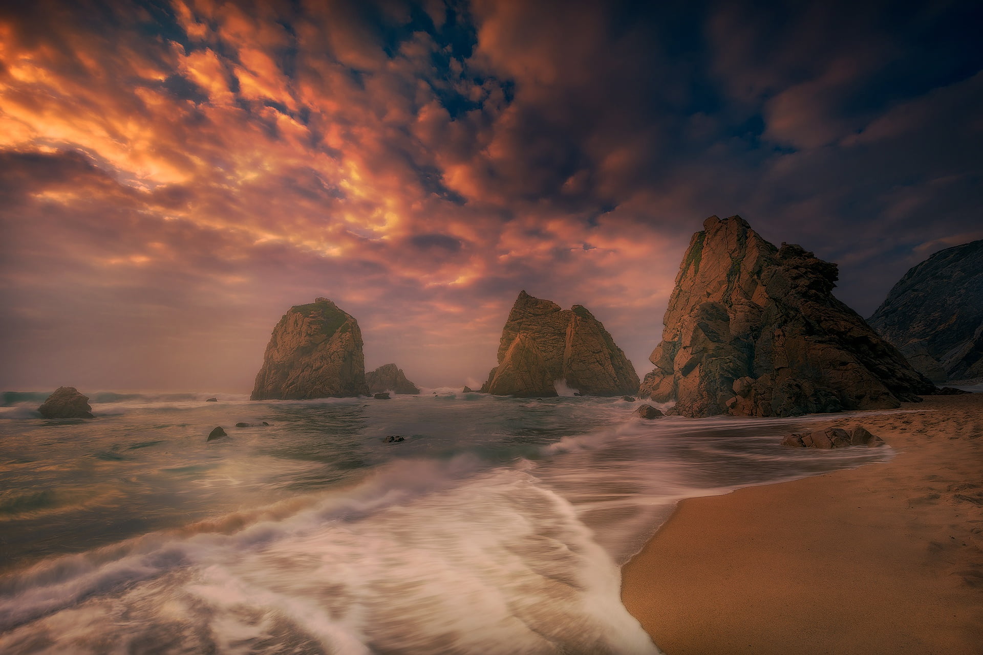 Praia da Ursa, rocks, The Atlantic ocean, Sintra, Ursa Beach, the ocean, Portugal, Atlantic Ocean, sunset, coast, 1080P, HD Wallpaper