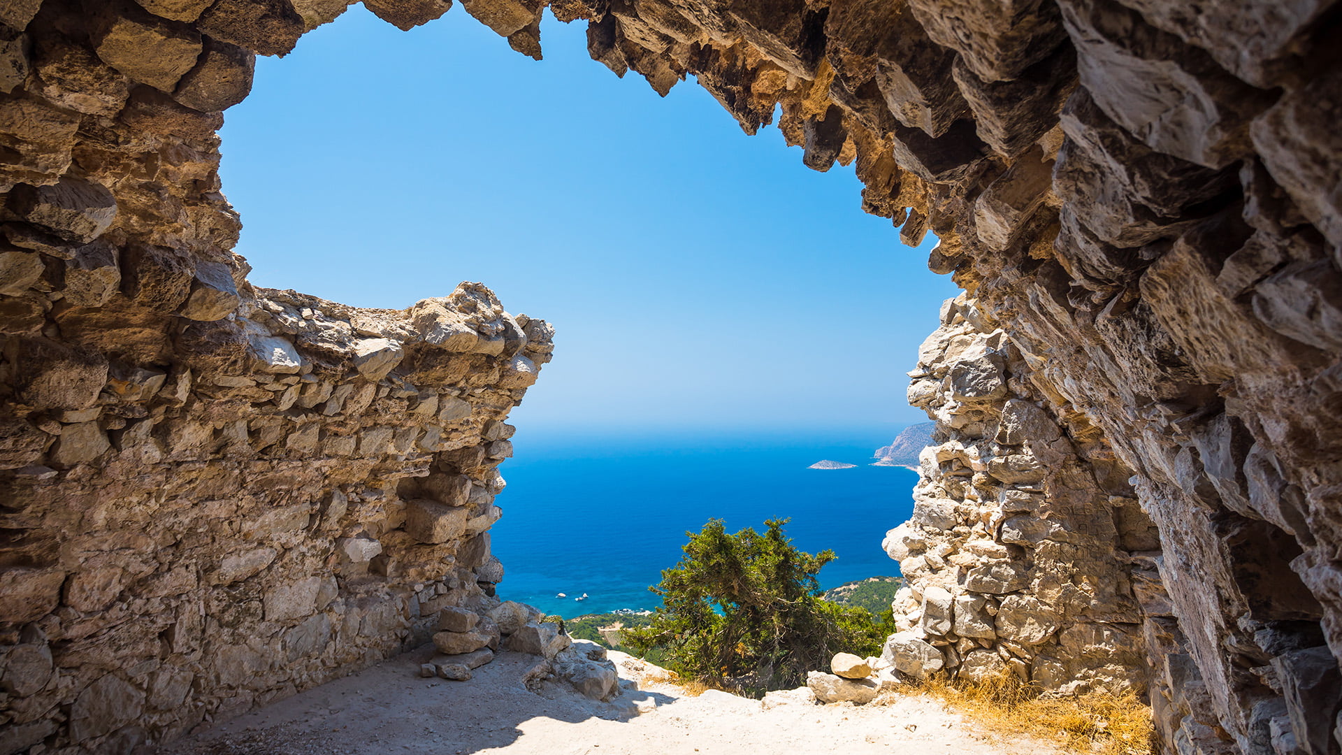 sky, Aegean Sea, sea, horizon, 1080P, rocks, trees, cave, Rhode Island, clear sky, Greece, HD Wallpaper