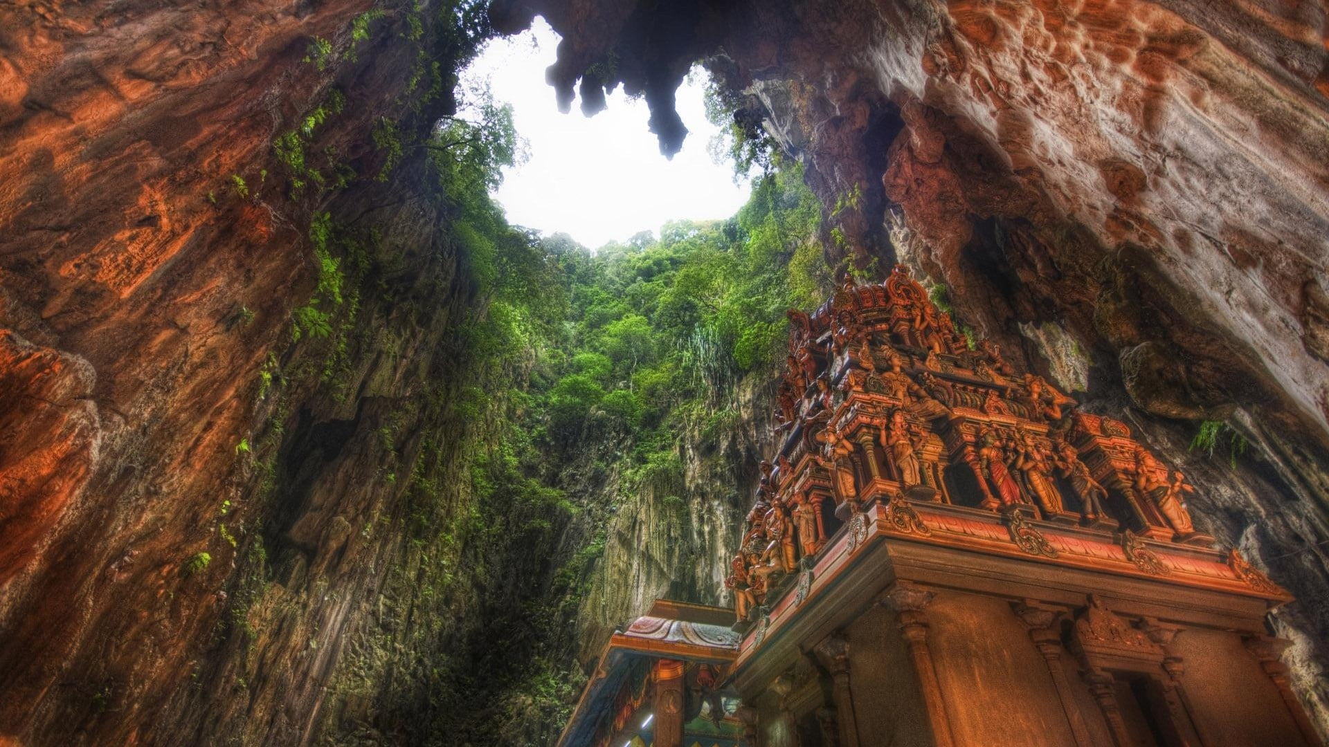 green, rock - object, 1080P, ruin, travel destinations, history, tower, spirituality, religion, belief, cave, travel, no people, trees, architecture, sculpture, HD Wallpaper