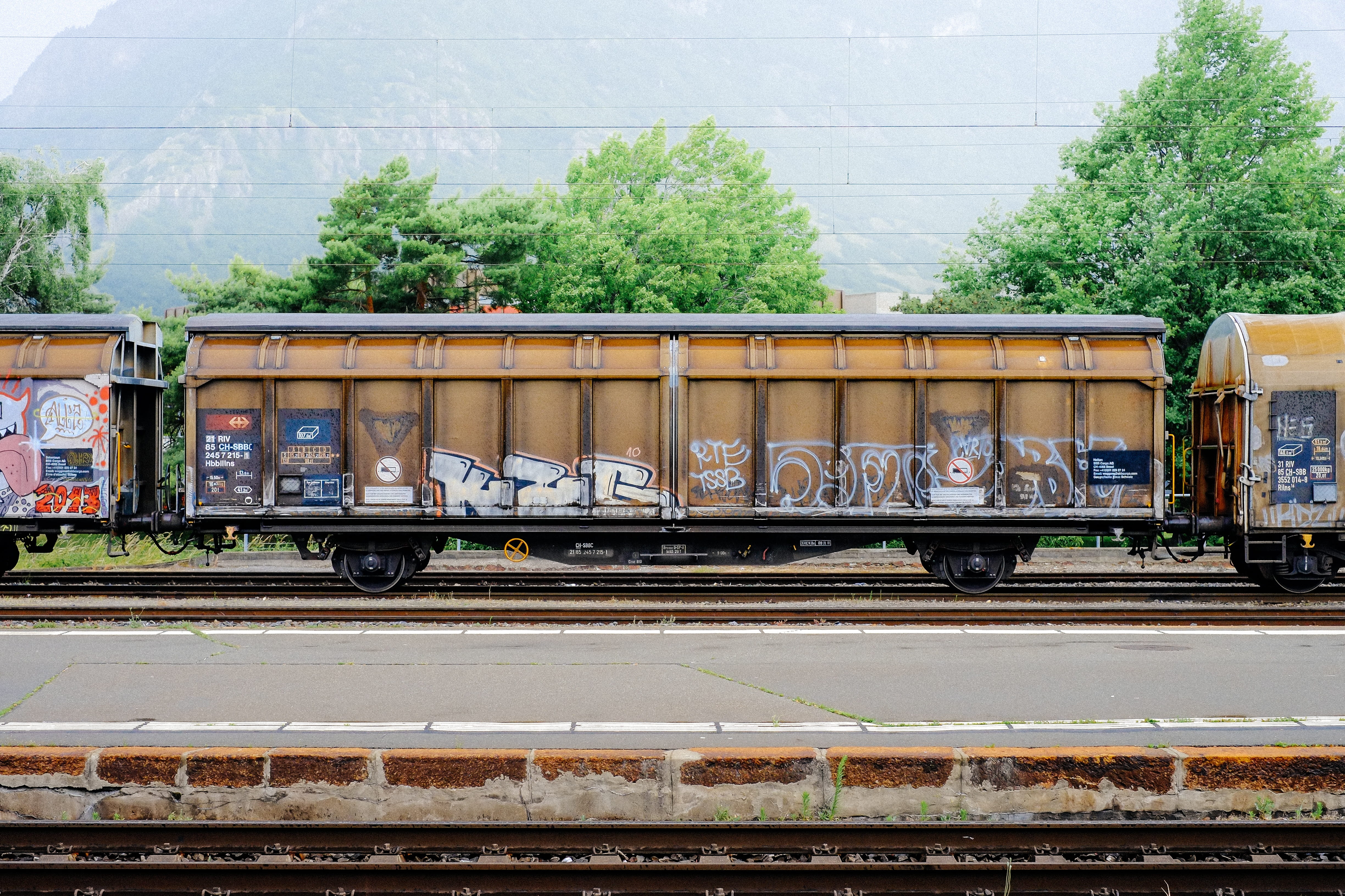 architecture, day, dig, material, industry, cargo, load, outdoors, graffiti, leaves, railroad track, freight, transport, daytime, power, black, iron, freight train, HD Wallpaper