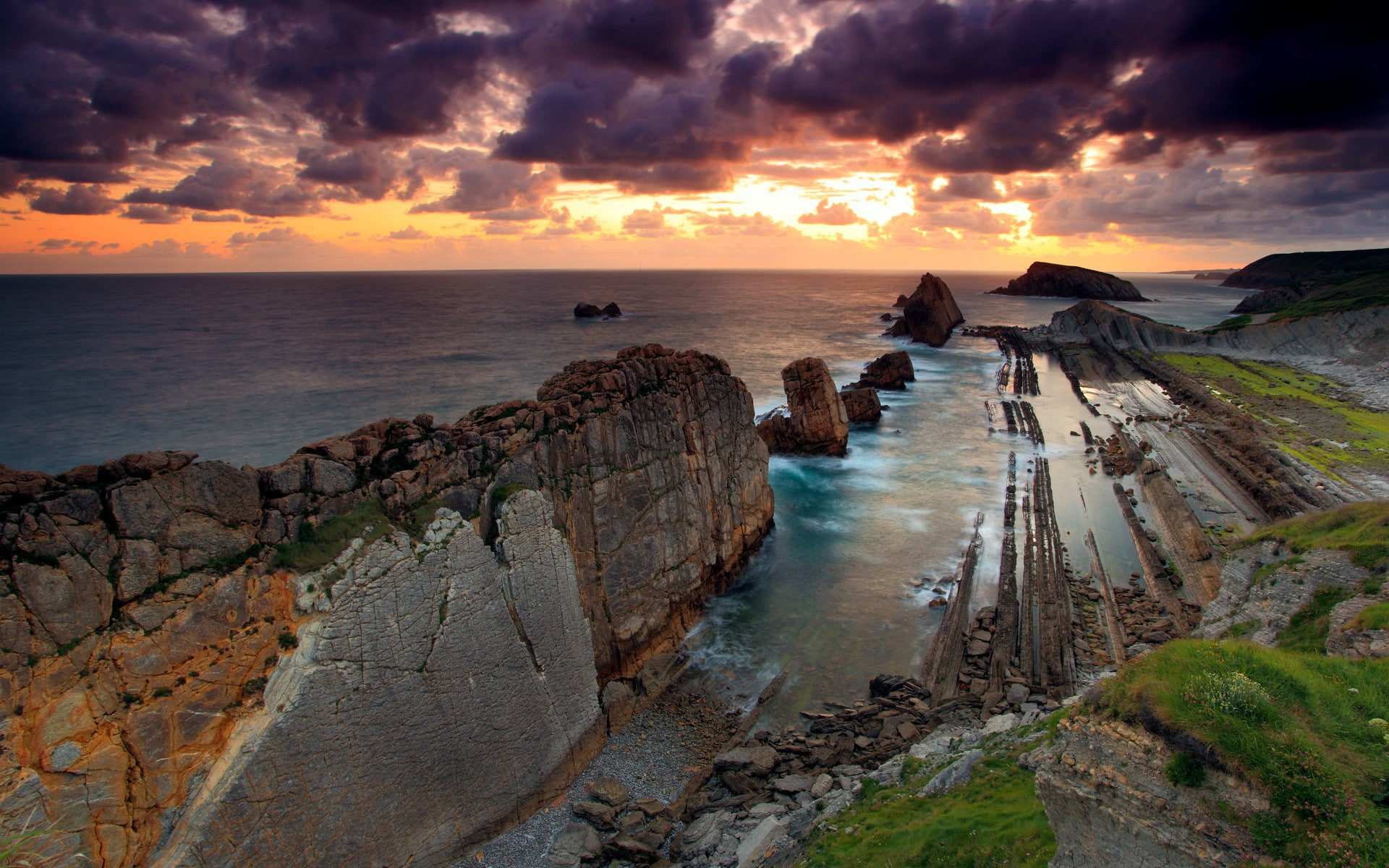 nature, cliff, sea, 1080P, sunset, rock formation, landscape, coast, HD Wallpaper
