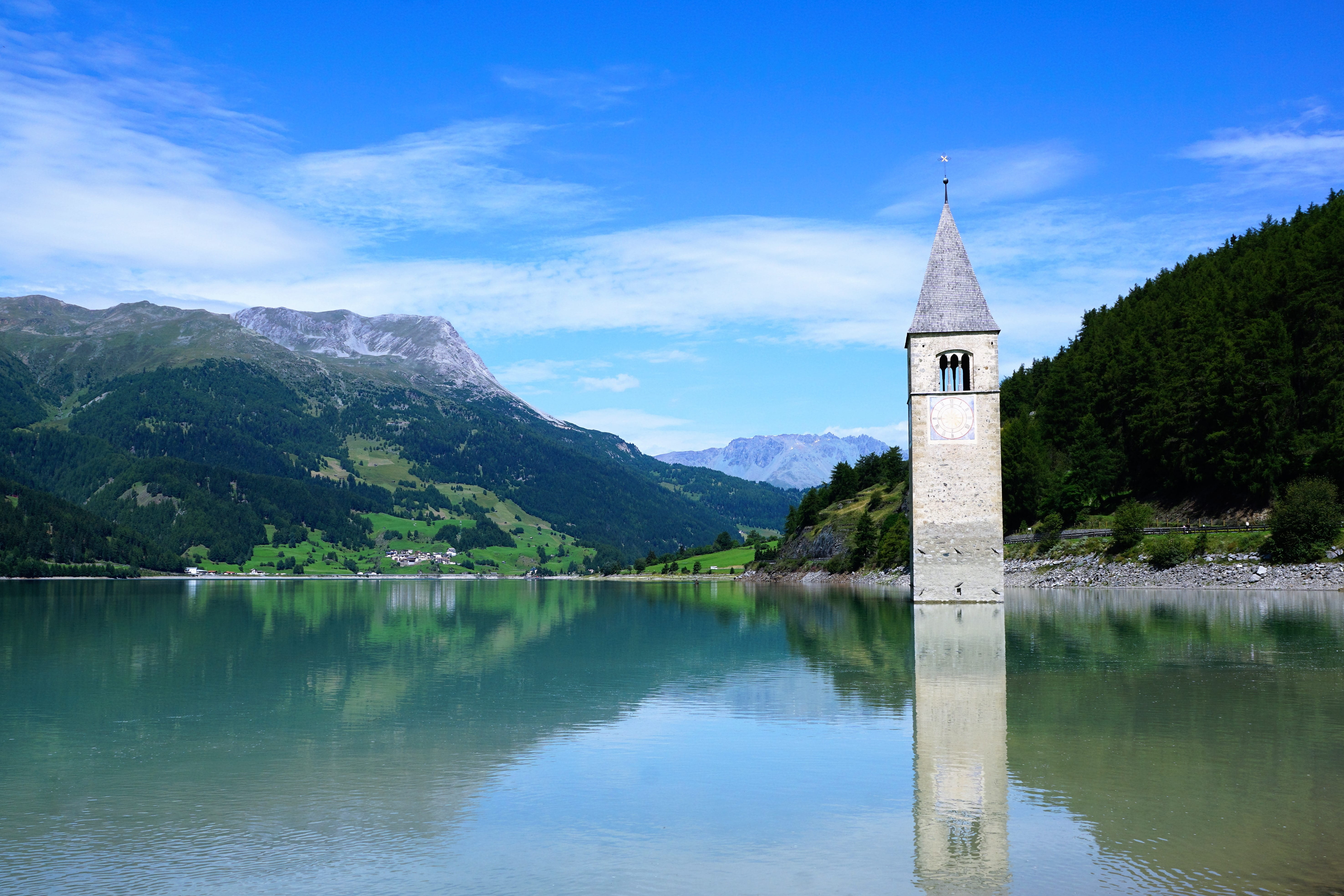 holy, blue, lake, reschensee, water, building exterior, mountains, south tyrol, viewpoint, cloud - sky, nature, no people, tranquility, holiday, 5K, travel, HD Wallpaper