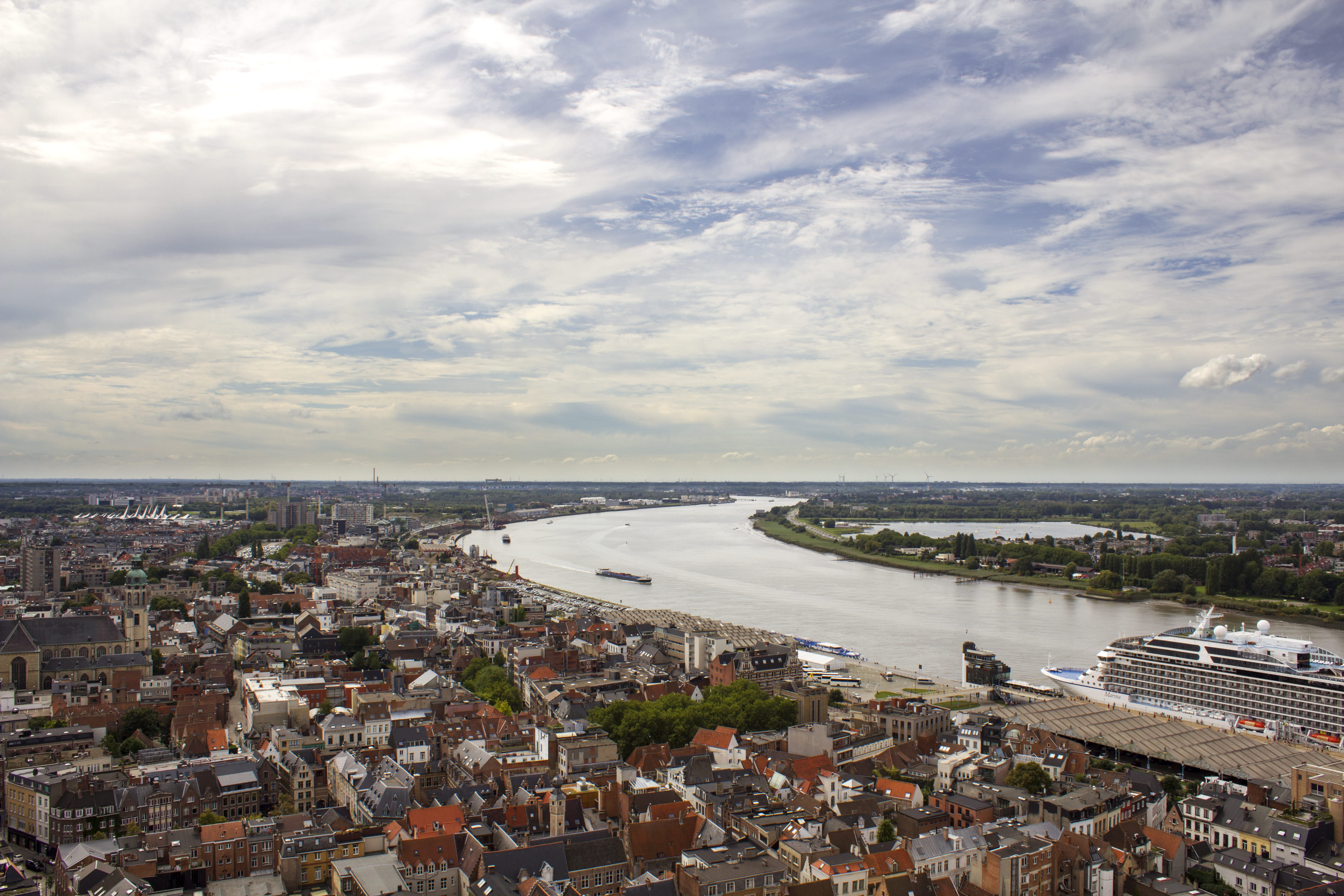 no people, transportation, day, cathedral of our lady antwerp, sea, antwerp, 5K, cityscape, cloud - sky, viewpoint, cruise ship, building exterior, sky, HD Wallpaper