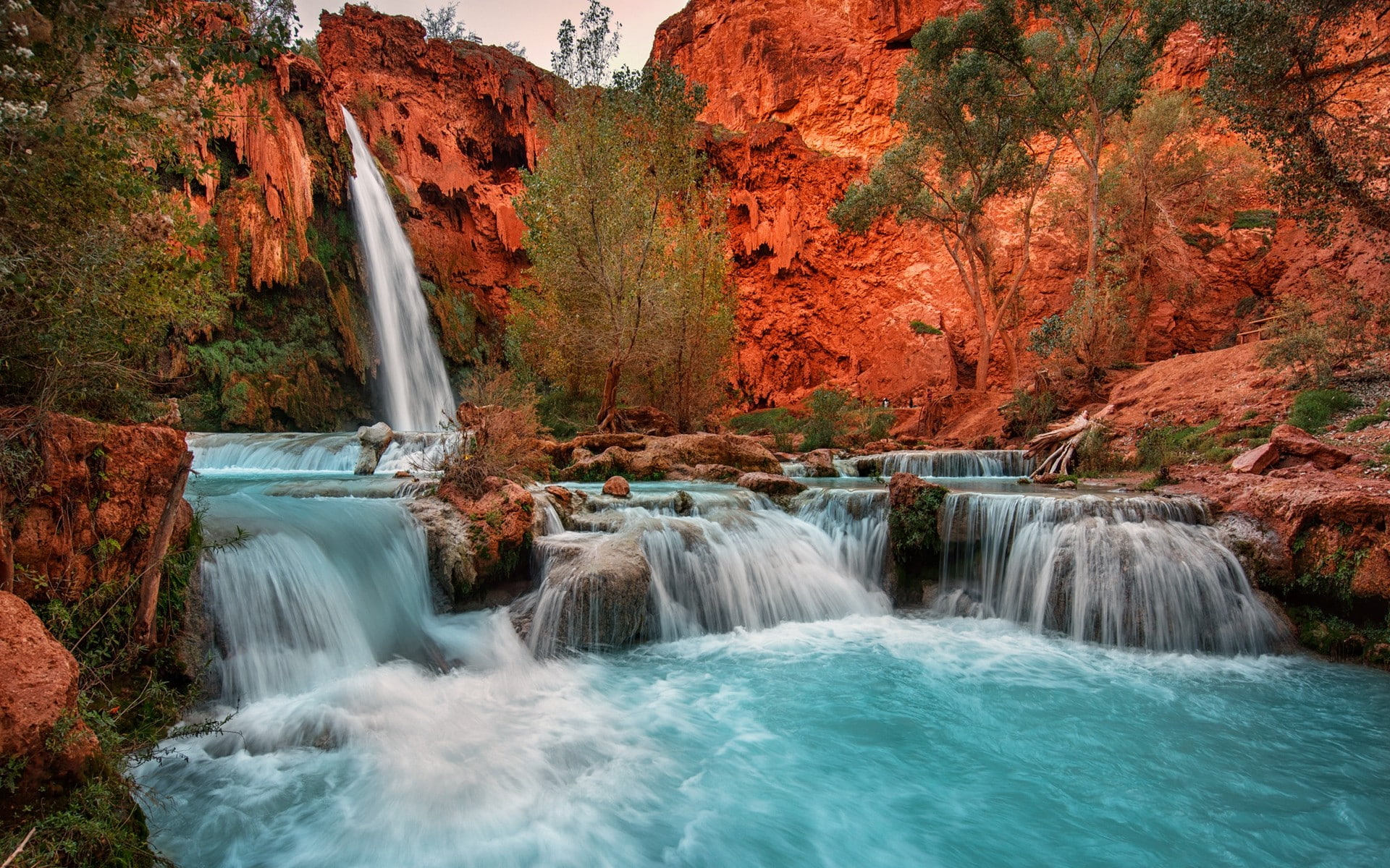 picnic, red, trees, Arizona, waterfall, cliff, rock, 1080P, blue, erosion, nature, pond, landscape, HD Wallpaper