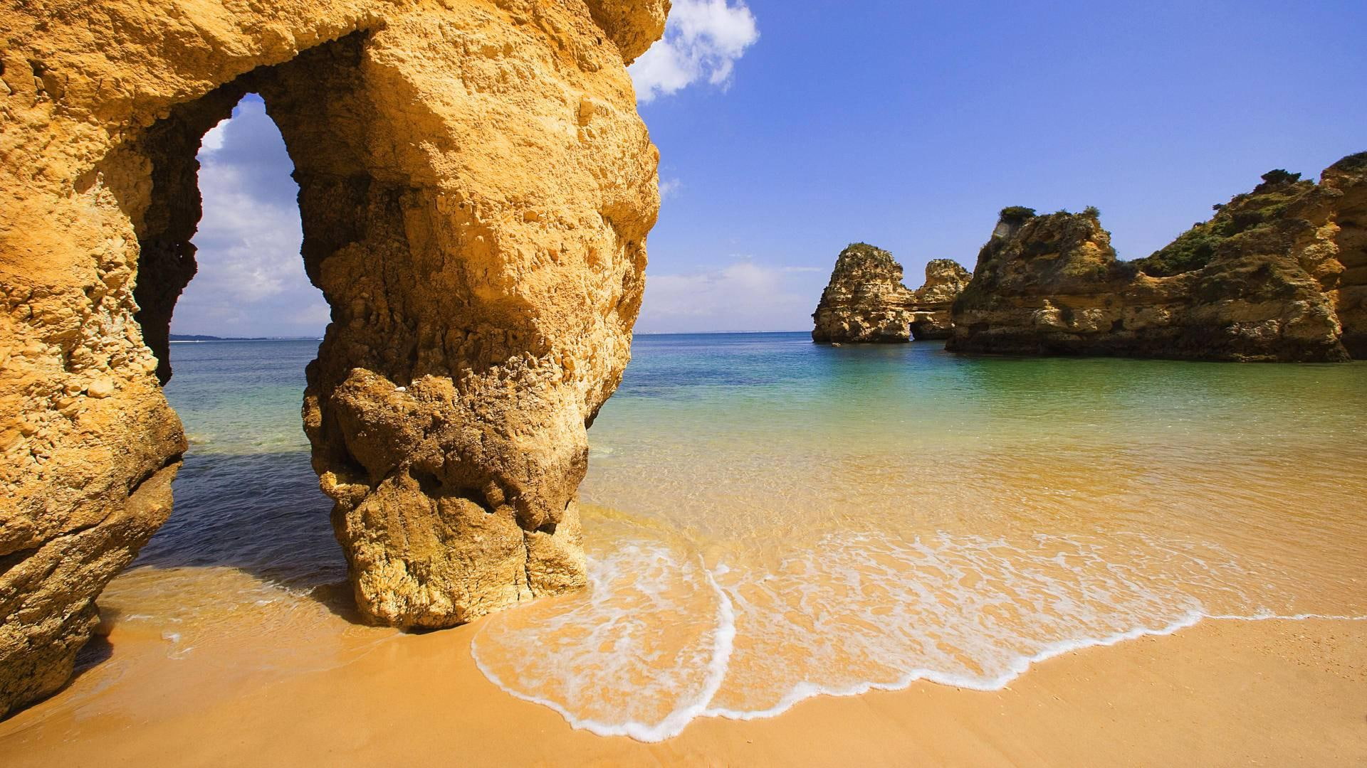 1080P, arch, amazing, portugal, rocks, nature and landscapes, beach, algarve, HD Wallpaper