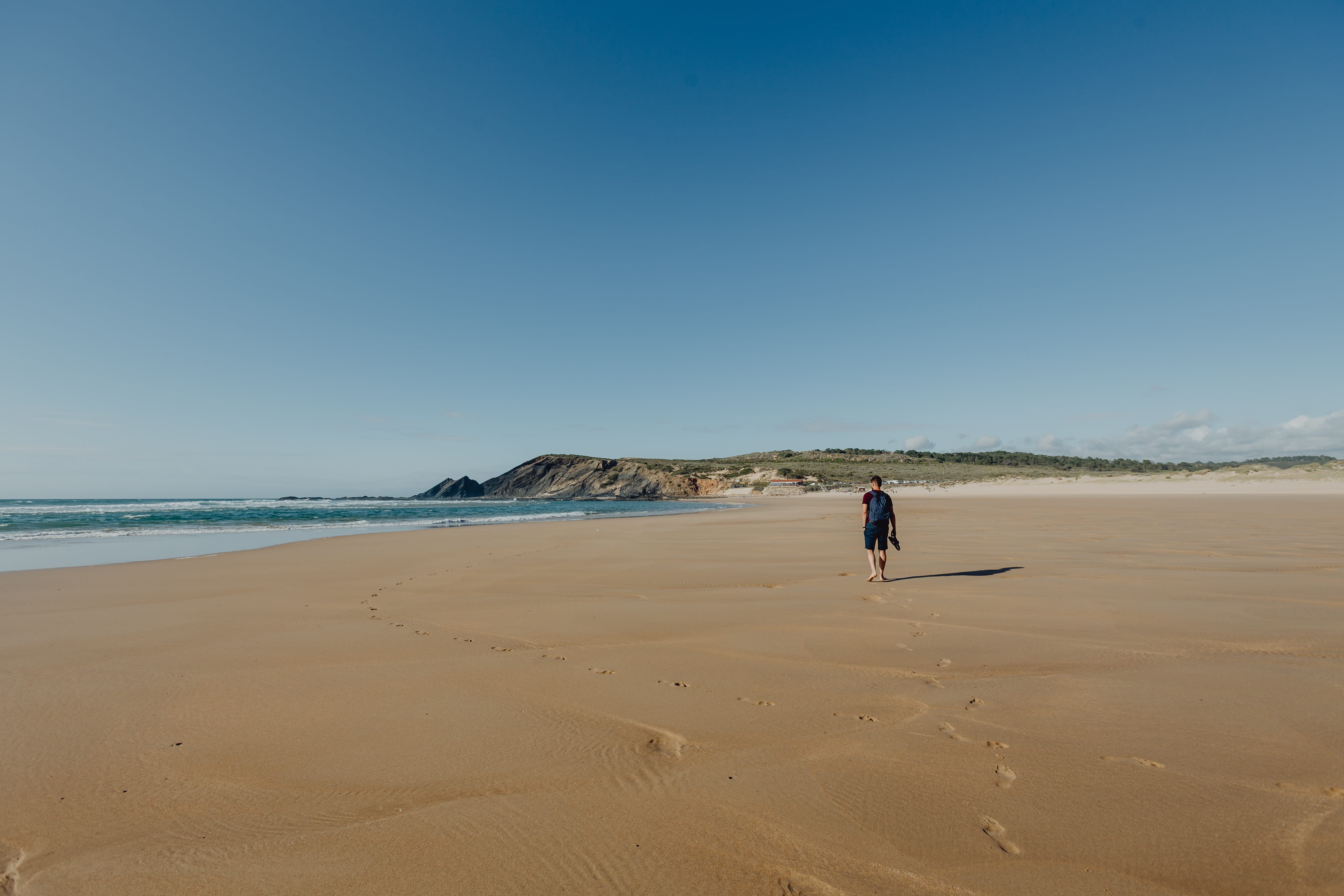 copy space, real people, Europe, sand, walking, full length, day, foot, algarve, clear sky, footprints, land, scenics - nature, nature, sky, ocean, walk, HD Wallpaper