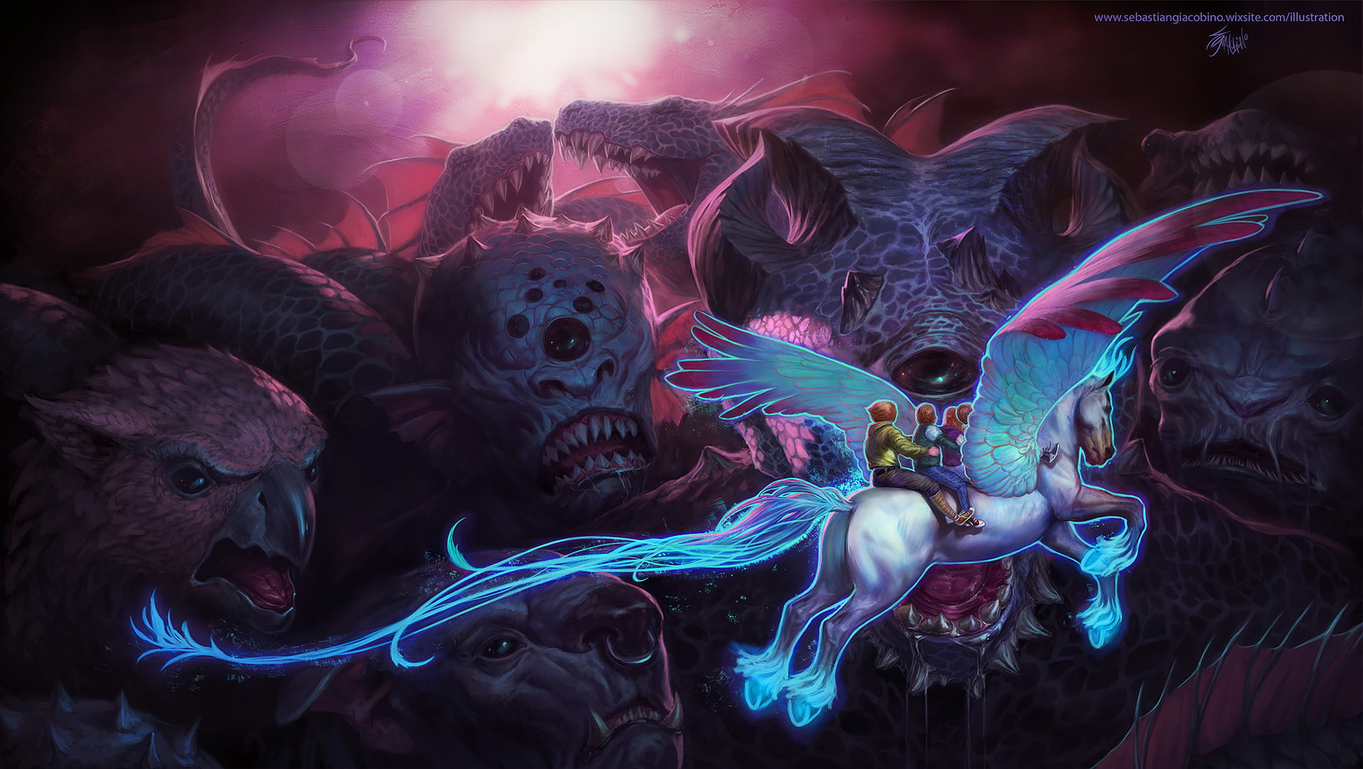 Pegasus, hippogriff, people, Chimera, neon, 1080P, mosnters, wings, Sebastian Giacobino, drawing, HD Wallpaper