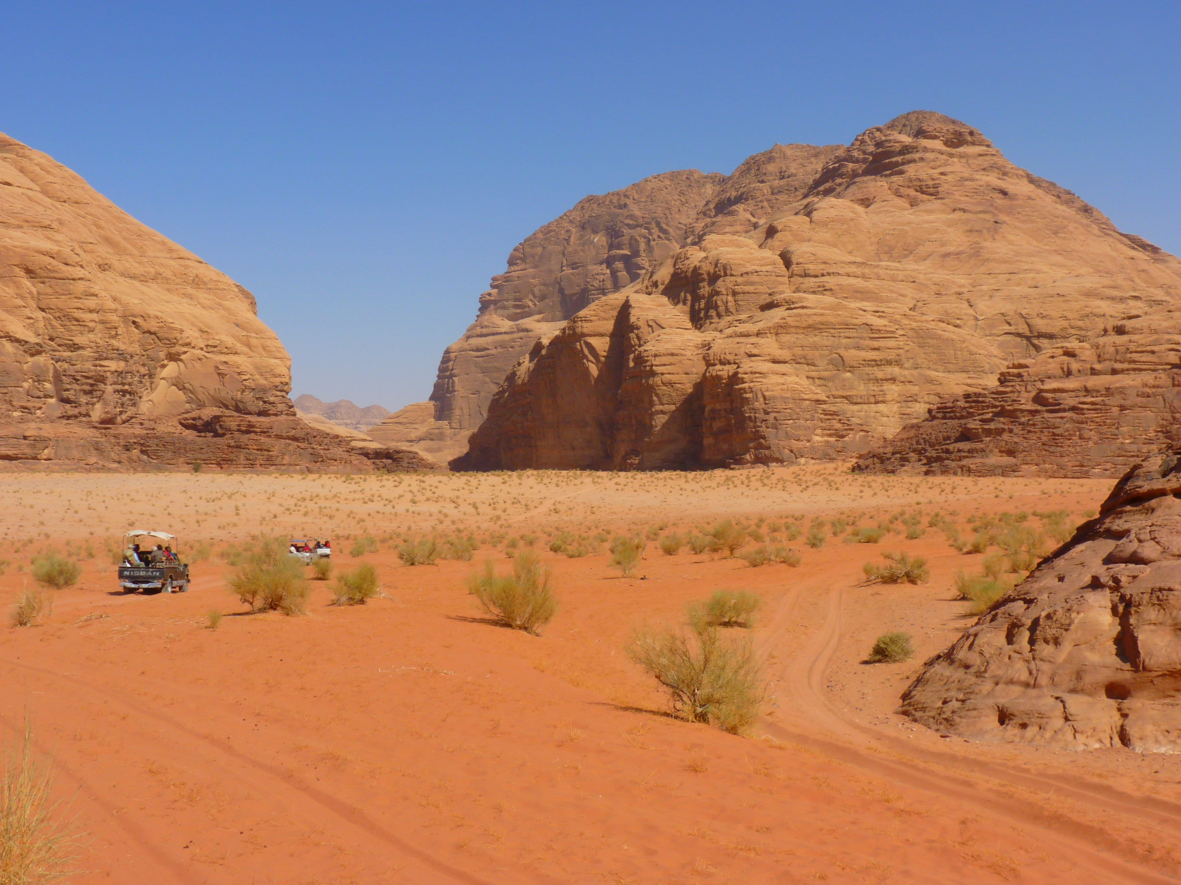 transportation, safari, clear sky, mountain, beauty in nature, 4K, desert, tranquility, arid climate, Jordan, climate, sand, scenics - nature, tranquil scene, HD Wallpaper