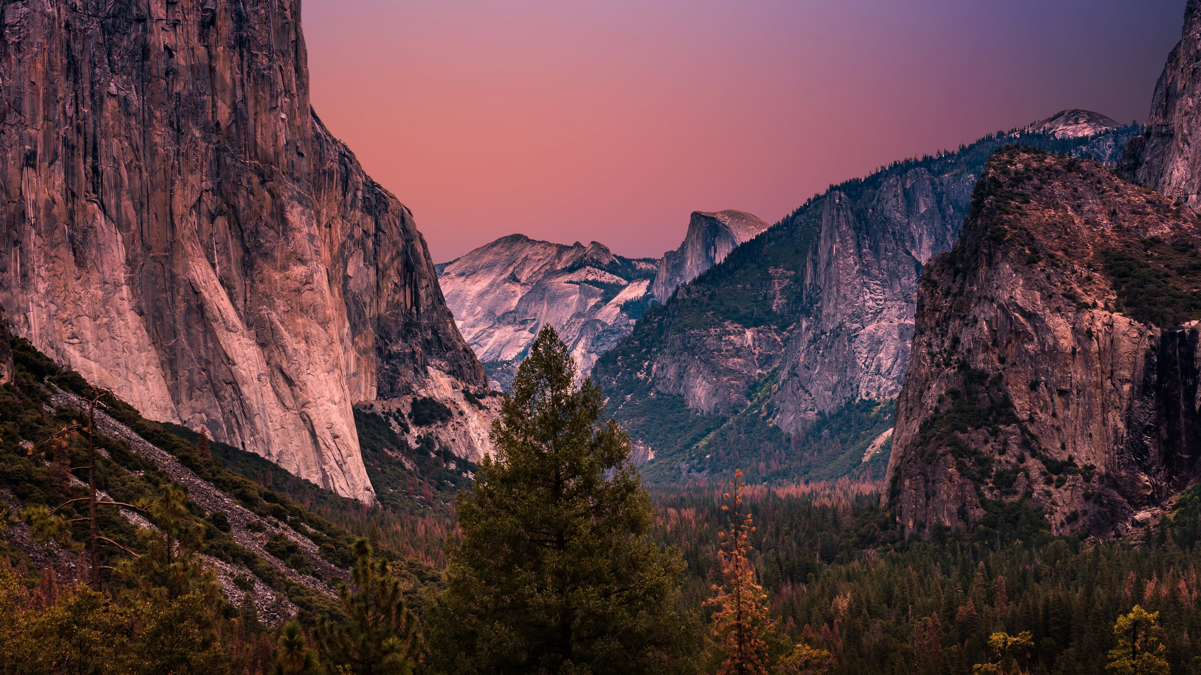 escarpment, mountain, wilderness, pink sky, national park, morning, sky, canyon, california, tunnel view, nature, rock, purple sky, half dome, valley, 4K, HD Wallpaper