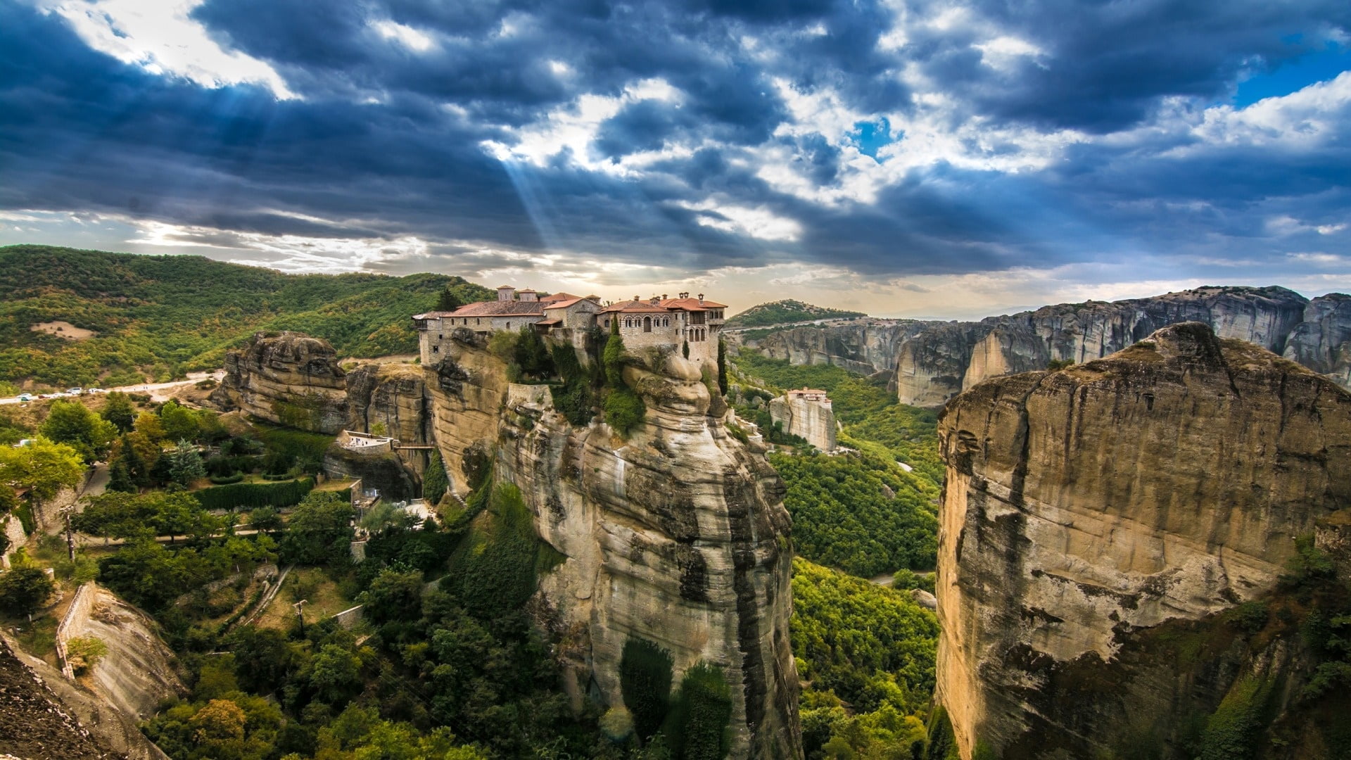 1080P, rock formation, no people, cliff, plant, kalambaka, monastery, sky, meteora, cloud - sky, beauty in nature, scenics - nature, rock - object, mountain, HD Wallpaper