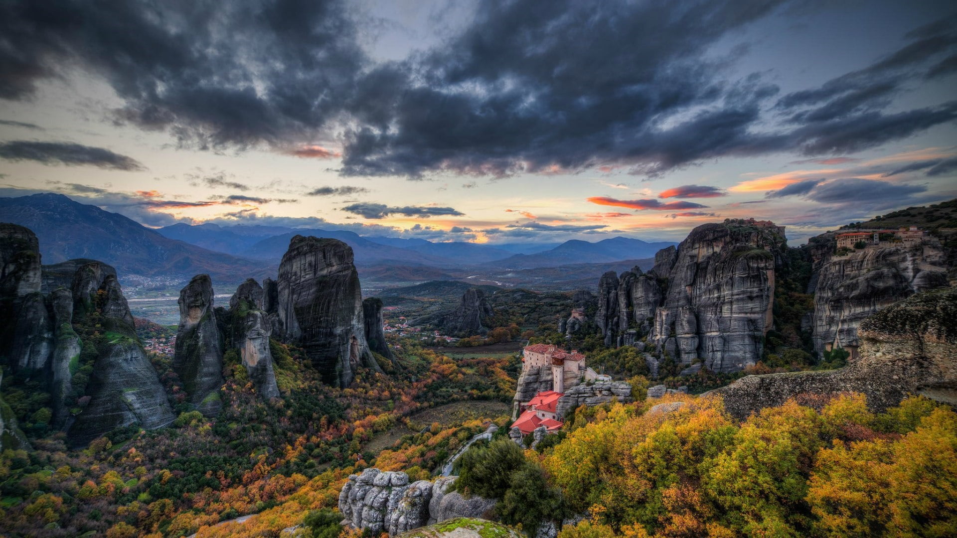 greece, nature, mountain, sunset, meteora, non-urban scene, cloud - sky, orange color, tranquility, escarpment, outdoors, wilderness, mountain range, rock formation, HD Wallpaper