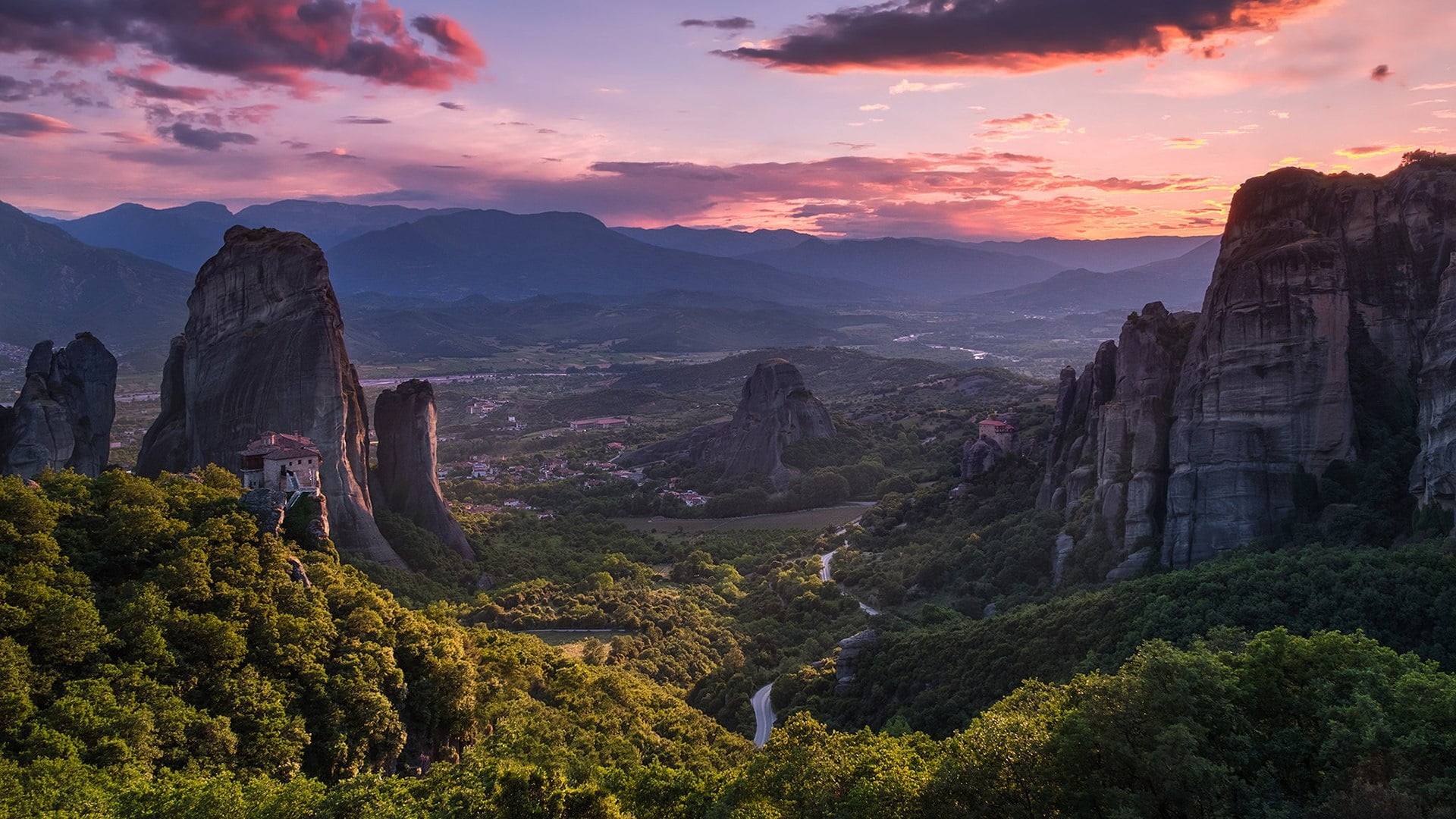 rock formation, tourist attraction, meteoras, sky, tranquil scene, scenics - nature, rock - object, cloud, sunset, greece, pine tree, rock, meteora monasteries, HD Wallpaper