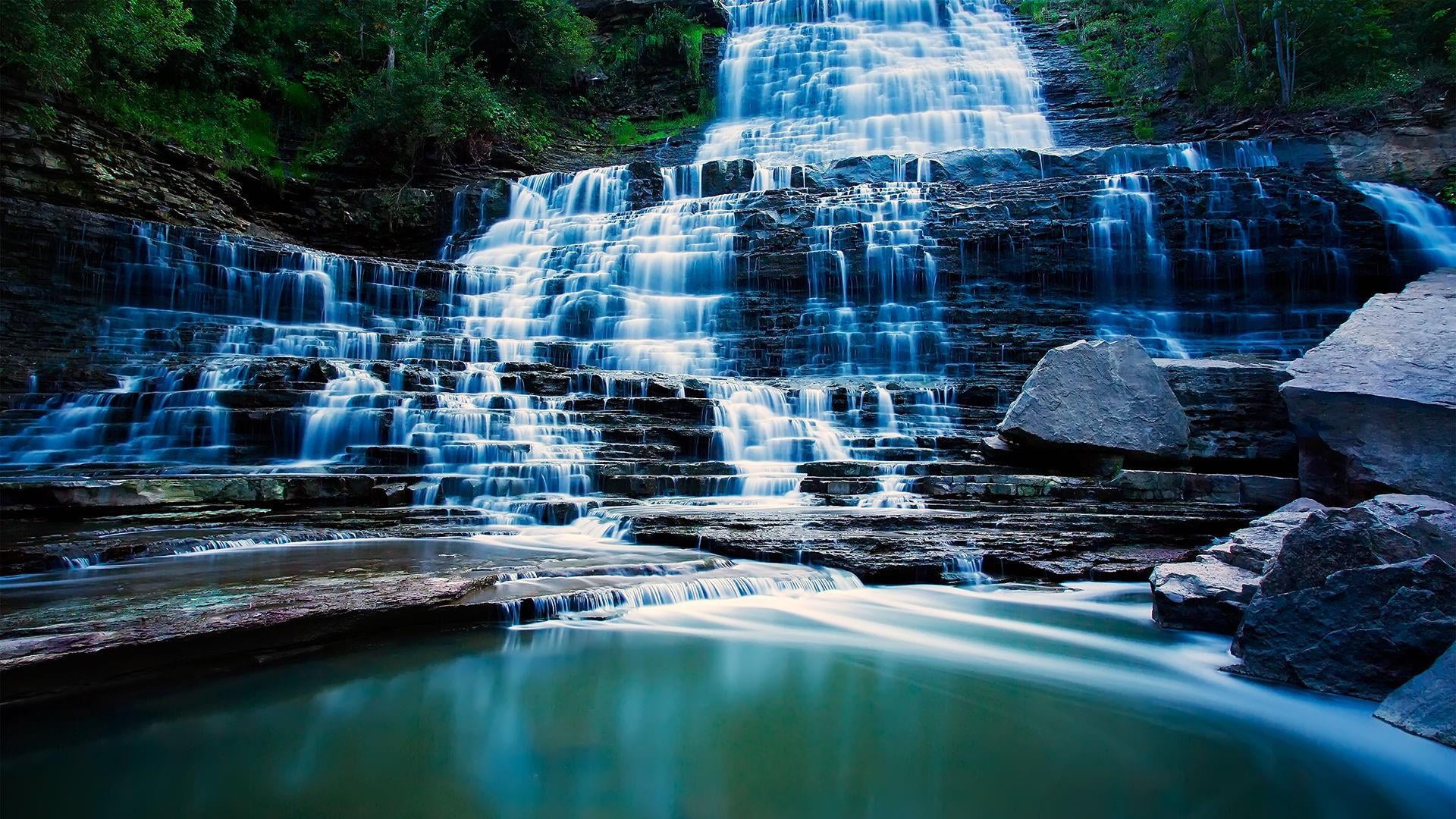 day, waterfall, rock, waterfront, red hill valley, flowing, rock formation, breathtaking, long exposure, canada, solid, stunning, beauty in nature, flowing water, HD Wallpaper