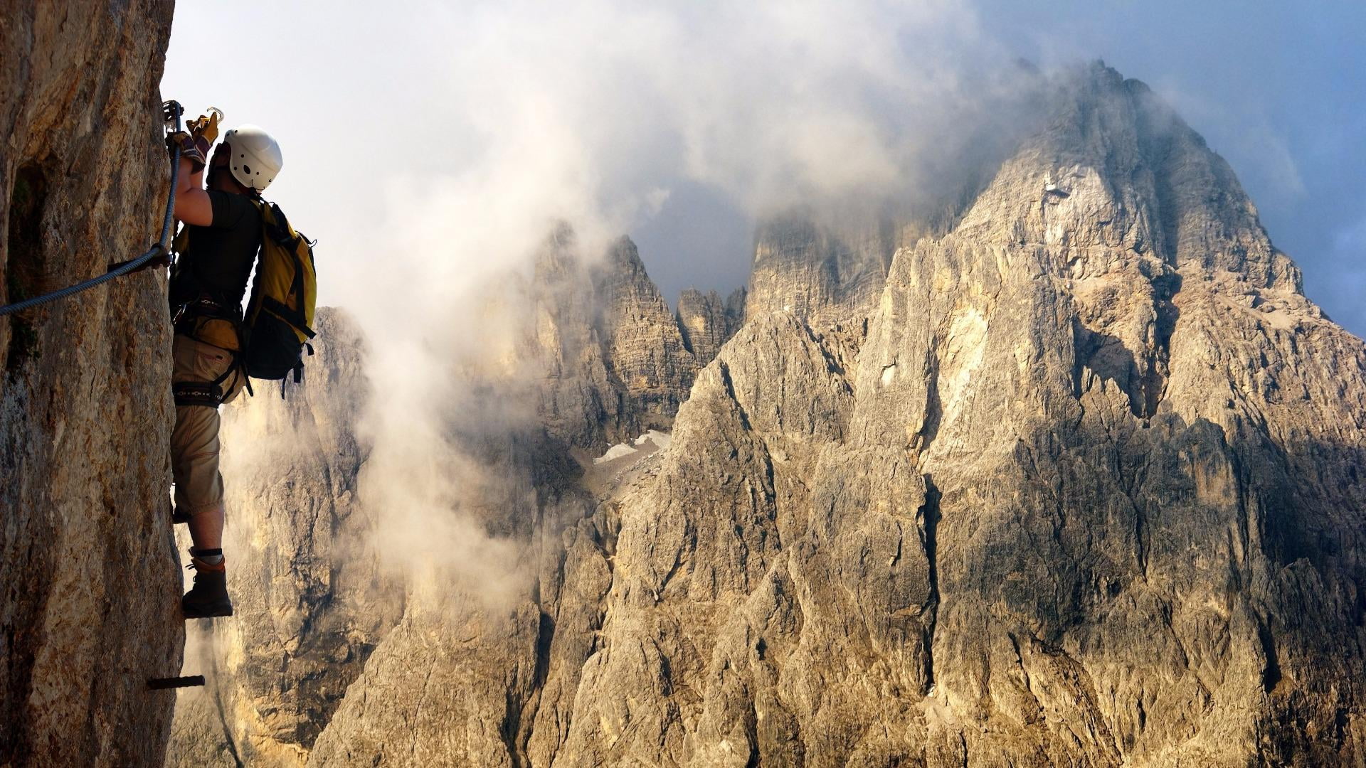 hiking, panoramic, wilderness, day, via ferrata, mountainous landforms, environment, outdoors, outdoor recreation, activity, rock climbing, sport, mountain range, HD Wallpaper