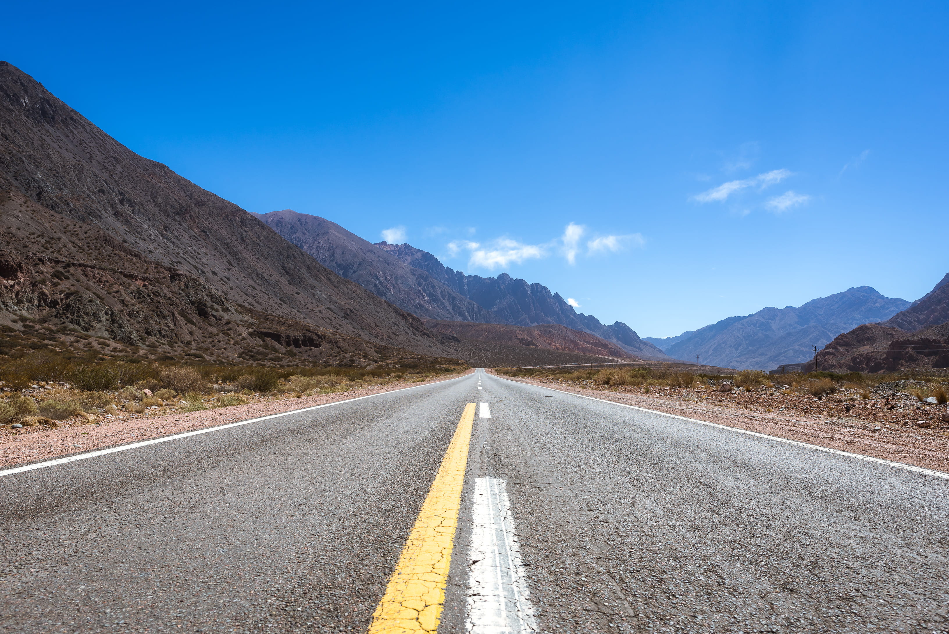 asphalt, nikon, beauty in nature, climate, empty road, route, sky, no people, mountain, road marking, nature, outdoors, mendoza, arid climate, symbol, 2K, HD Wallpaper