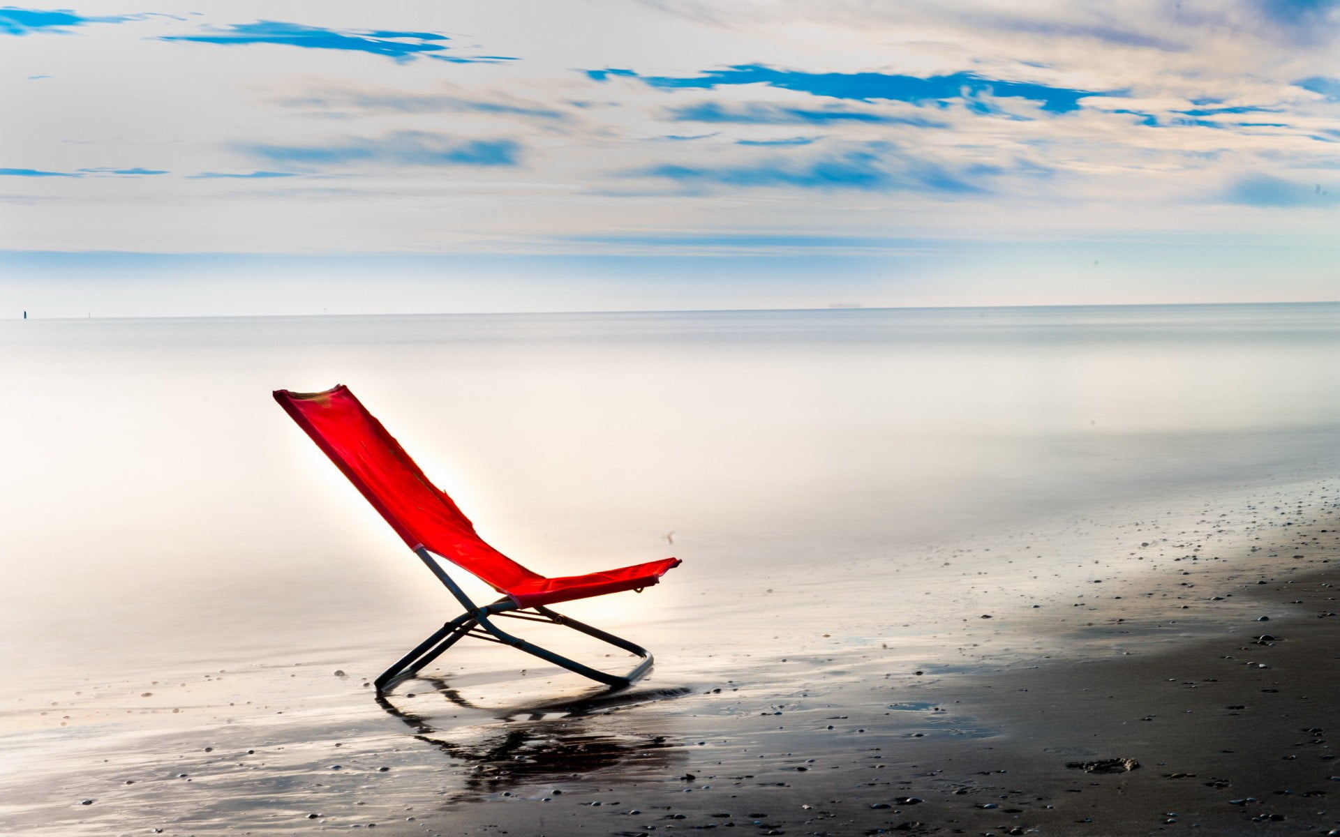 land, chair, sand, cloud - sky, horizon, sea, absence, beach, sky, tranquil scene, nature, tranquility, day, clouds, water, 1080P, camping, scenics - nature, HD Wallpaper