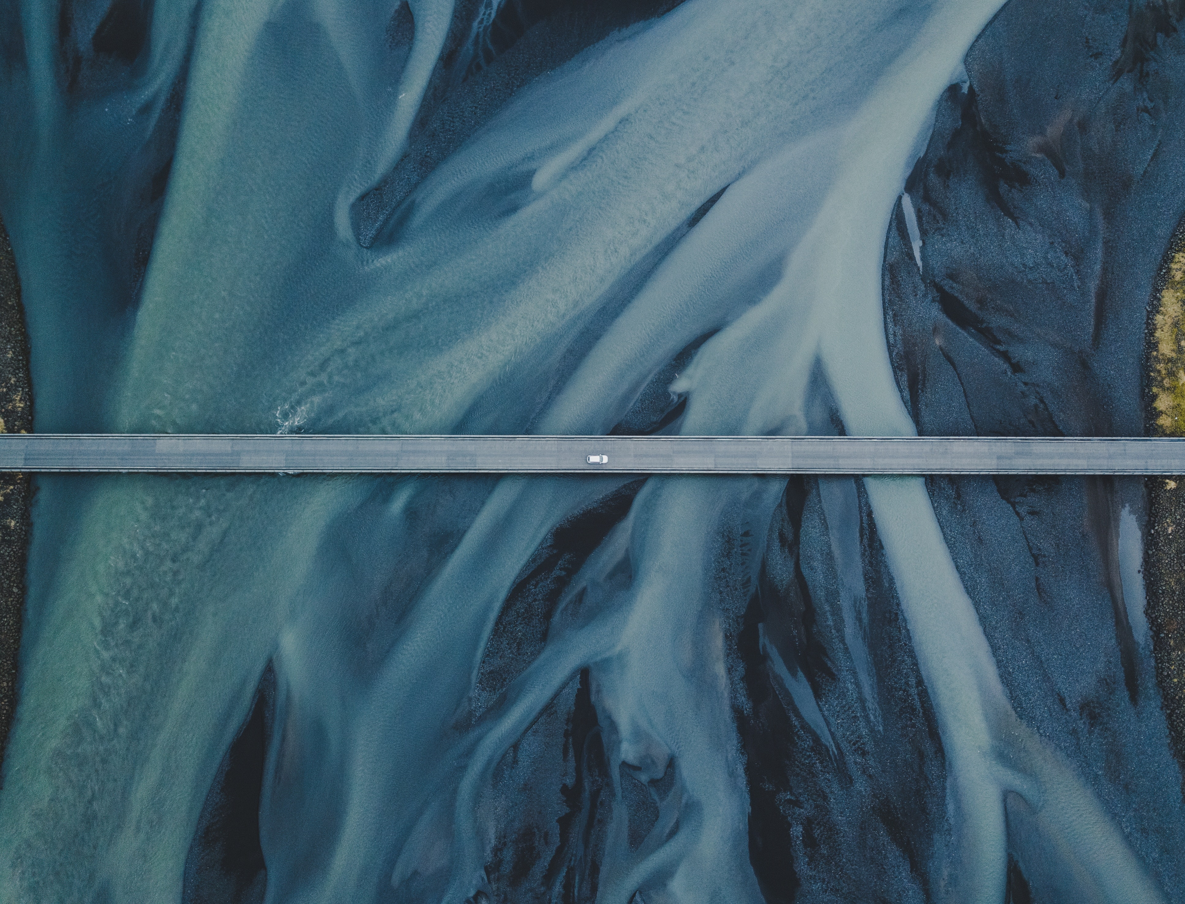 aerial, road, bridge, river, aerial view, birds eye view, vehicle, 4K, blue, HD Wallpaper