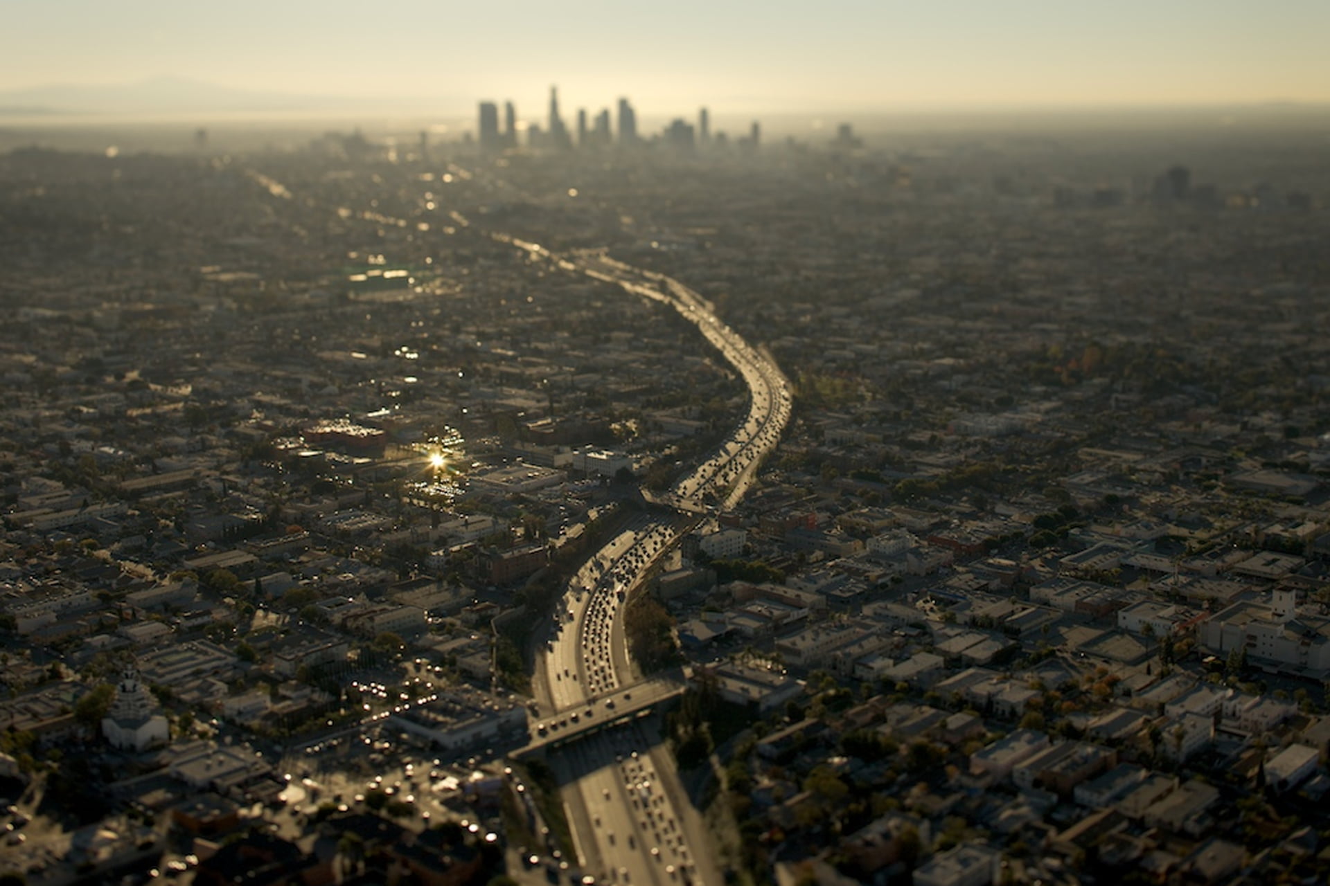 Los Angeles, street, building exterior, sky, city, aerial view, skyscraper, highway, office building exterior, sunset, residential district, 1080P, nature, HD Wallpaper