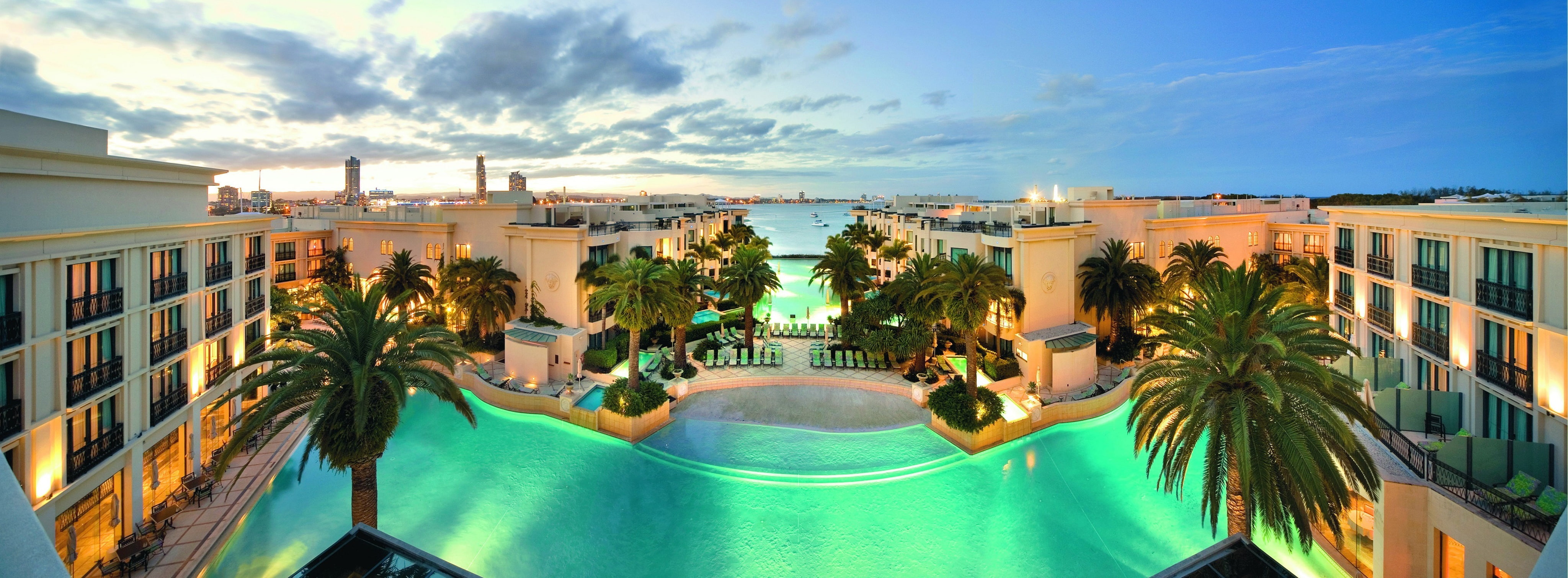 luxury hotel, palm tree, gold, Photography, wealth, outdoors, panoramic view, coast, Travel, water, built structure, nature, tropical climate, cloud - sky, HD Wallpaper