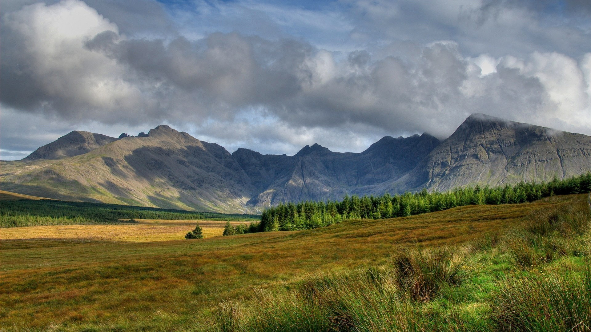 Sky, Grass, Scenery, Scotland, Clouds, 1080P, Slope, Trees, Mountains, HD Wallpaper