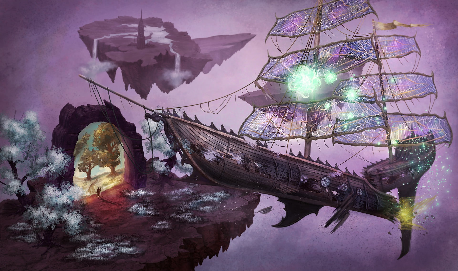 the gates, the portal, Markus Stadlober, 1080P, art, ship, Wrecked Astral Glider, fantasy, the crash, HD Wallpaper