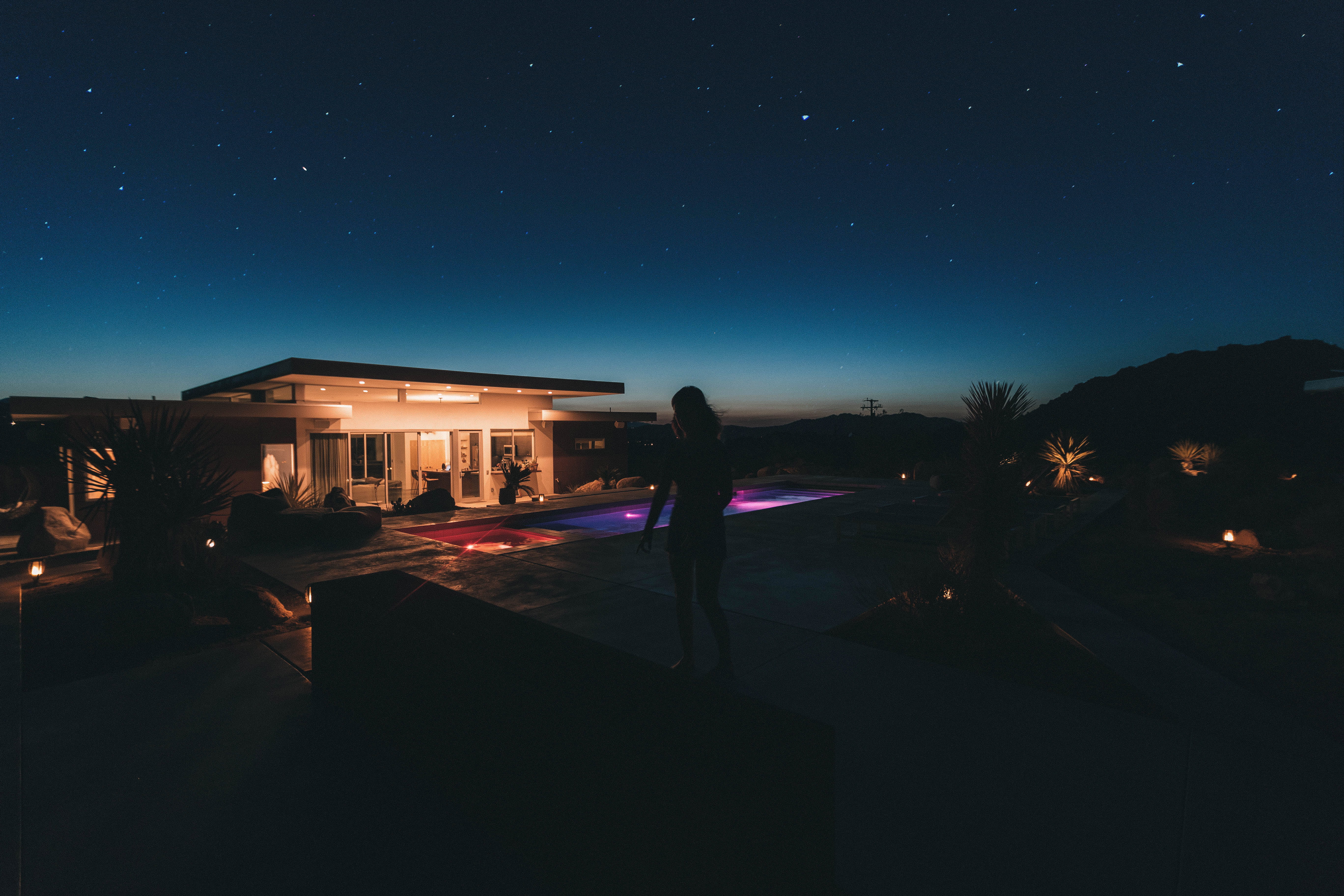 5K, night, nature, astronomy, dark, gradient, astral, illuminated, scenics - nature, photo, night shot, no people, evening, horizon, built structure, swimming pool, HD Wallpaper