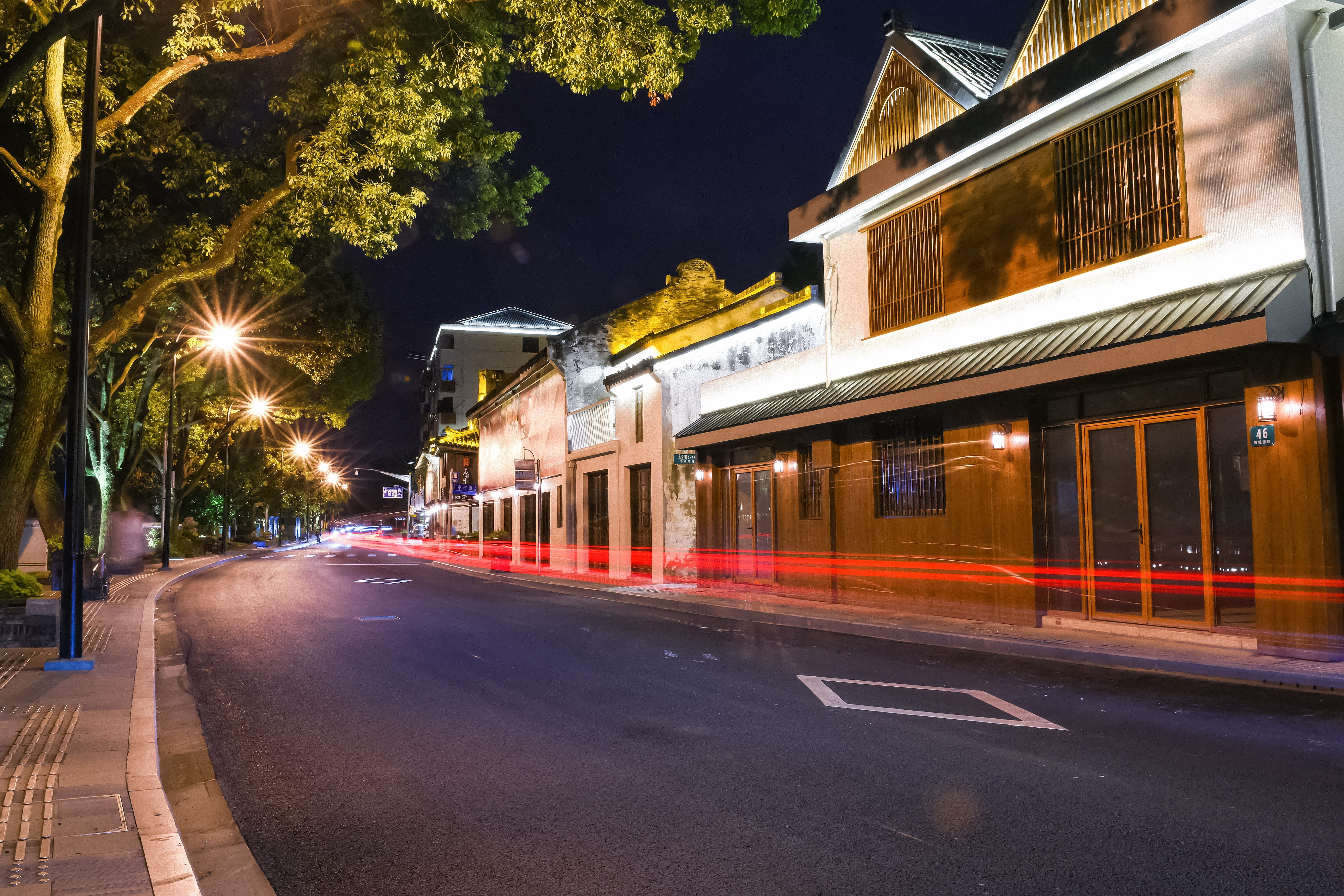 street light, long exposure, chuansha, tree, outdoors, city, 5K, plant, no people, architecture, building, light trail, built structure, street, night, HD Wallpaper