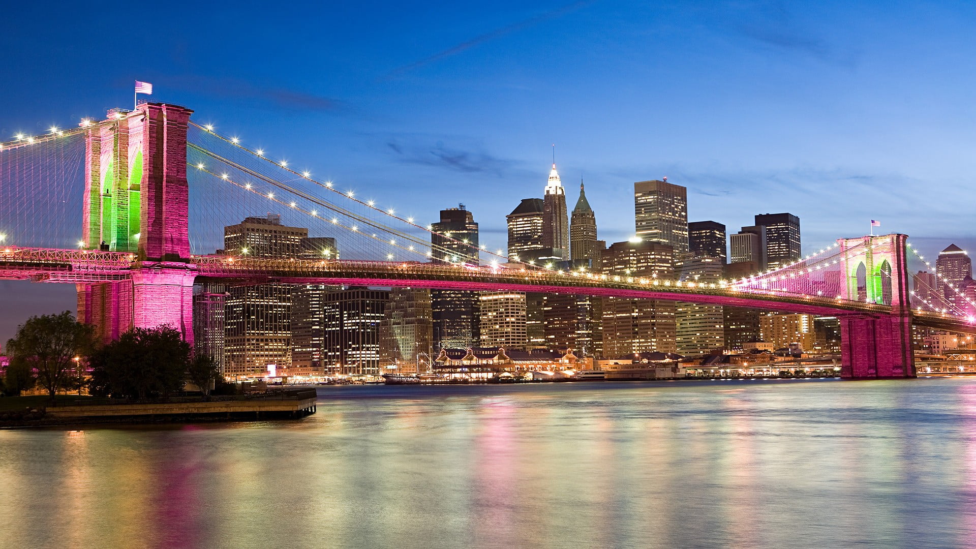 building, bridge, USA, tall - high, built structure, building exterior, concrete, reflection, skyscraper, brown, illuminated, night, Brooklyn Bridge, tower, HD Wallpaper