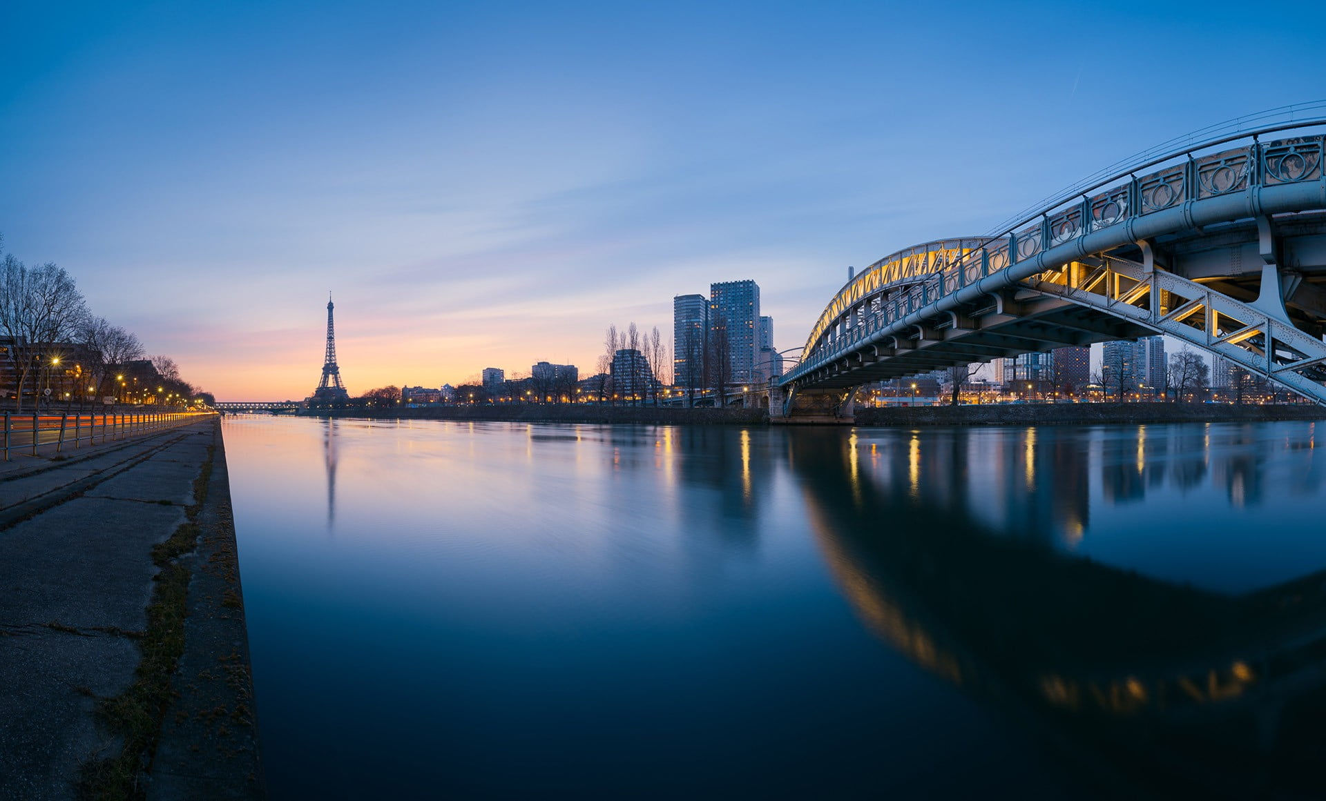 travel destinations, dusk, arch bridge, modern, outdoors, transportation, cityscape, white, architecture, Paris, office building exterior, sky, river, bridge - man made structure, HD Wallpaper