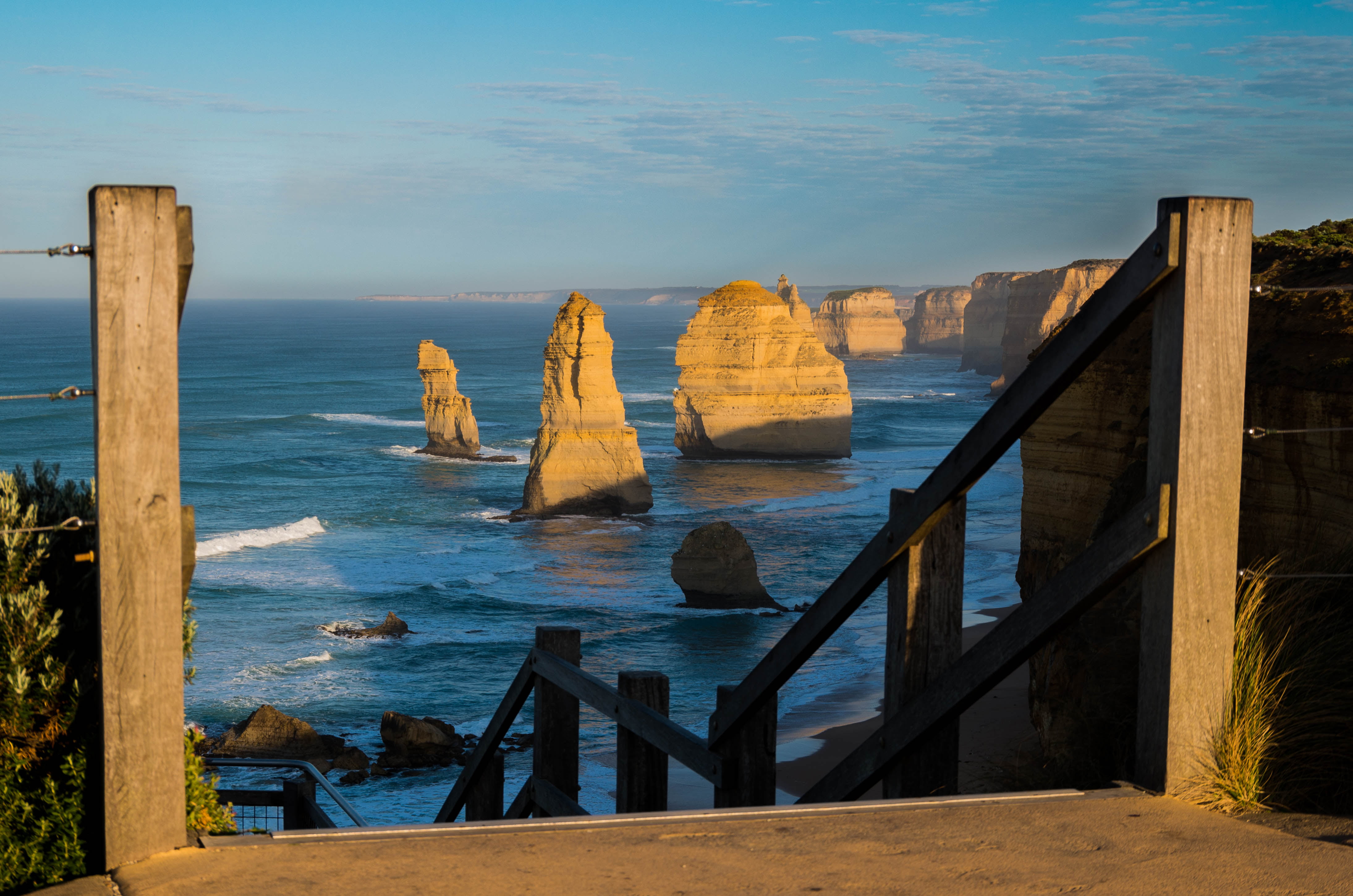 Australia, visitor, famous Place, foam, Victoria  beach, cliff, sea, sky, yellow, day, scenics, wooden, stairs, uSA, Port Campbell, visiter, landscape, HD Wallpaper