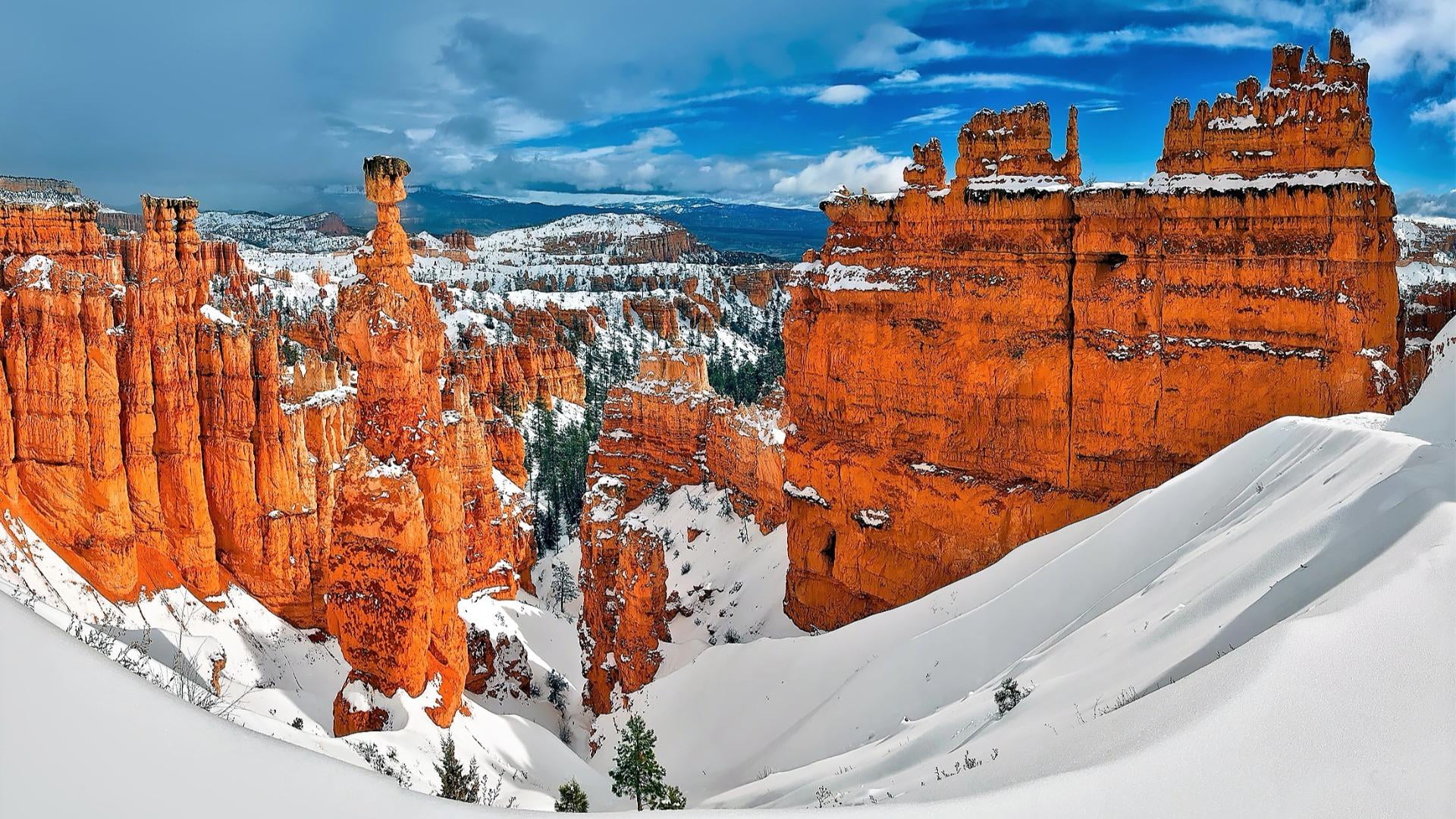 outdoors, rock formation, travel destinations, scenics - nature, national park, day, snow, rock, travel, united states, built structure, mountain, rock - object, HD Wallpaper