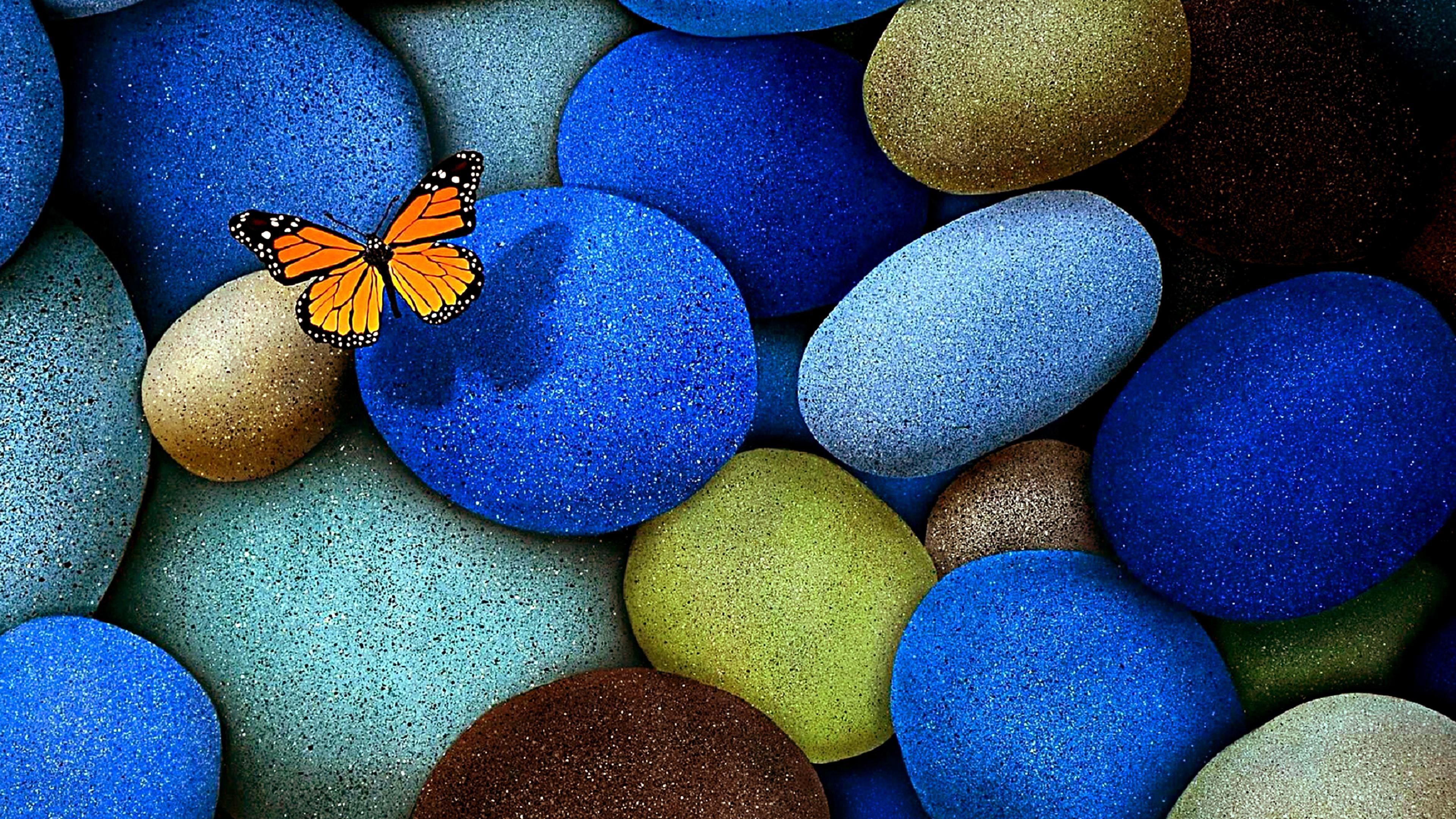stones, 4K, gravel, butterfly, HD Wallpaper