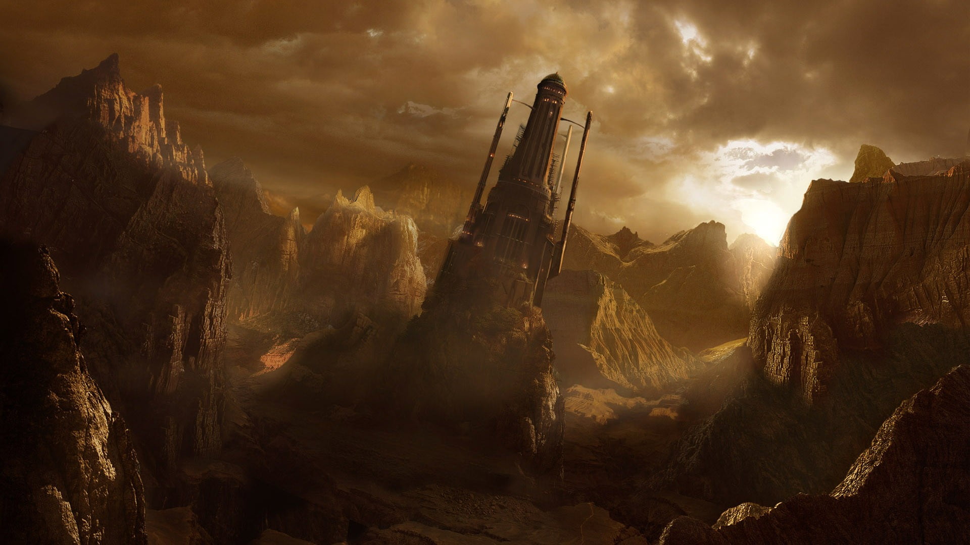 clouds, cloud - sky, tower, brown, rocks, sun rays, sun, fantasy art, ruined, scenics - nature, panoramic, fog, nature, the past, sunbeam, no people, dramatic sky, HD Wallpaper