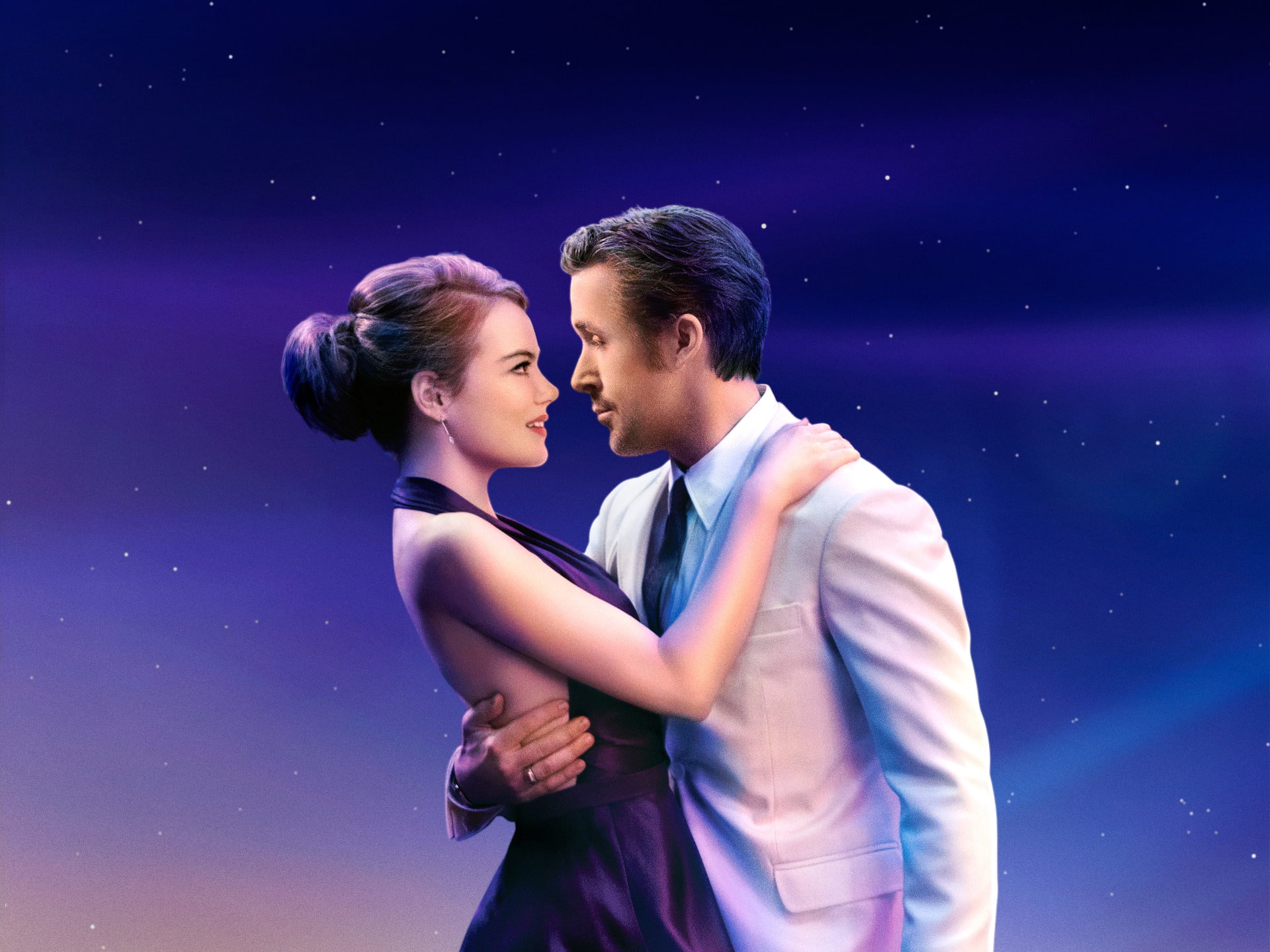 dating, two people, astronomy, women, love, Ryan Gosling, Movie, young women, positive emotion, bonding, romance, togetherness, boyfriend, blue background, HD Wallpaper