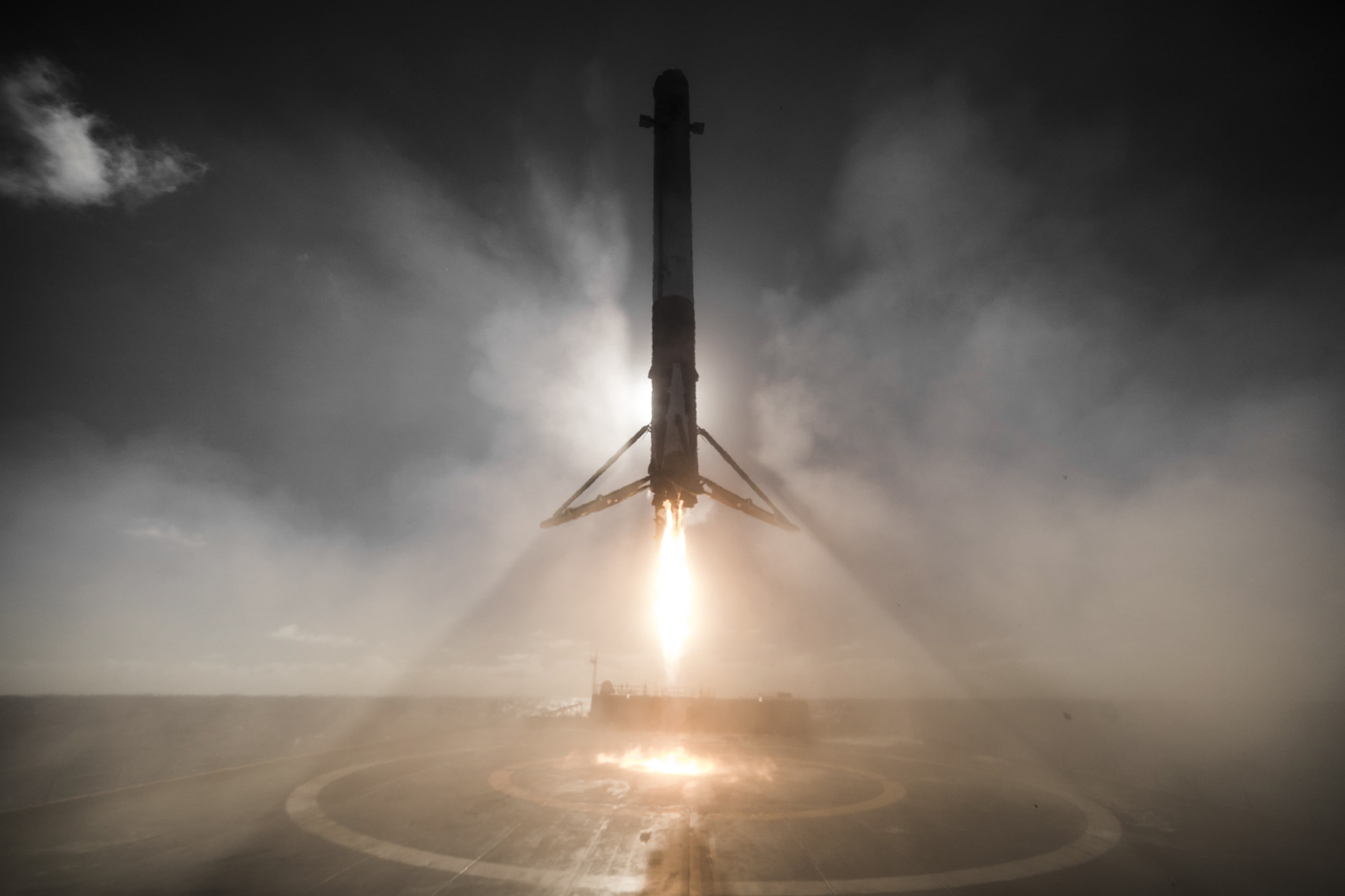 beauty in nature, 2K, sunlight, light beam, tall - high, cloud - sky, built structure, silhouette, transportation, day, no people, air vehicle, sky, iridium 1 landing spacex rocket landing, HD Wallpaper