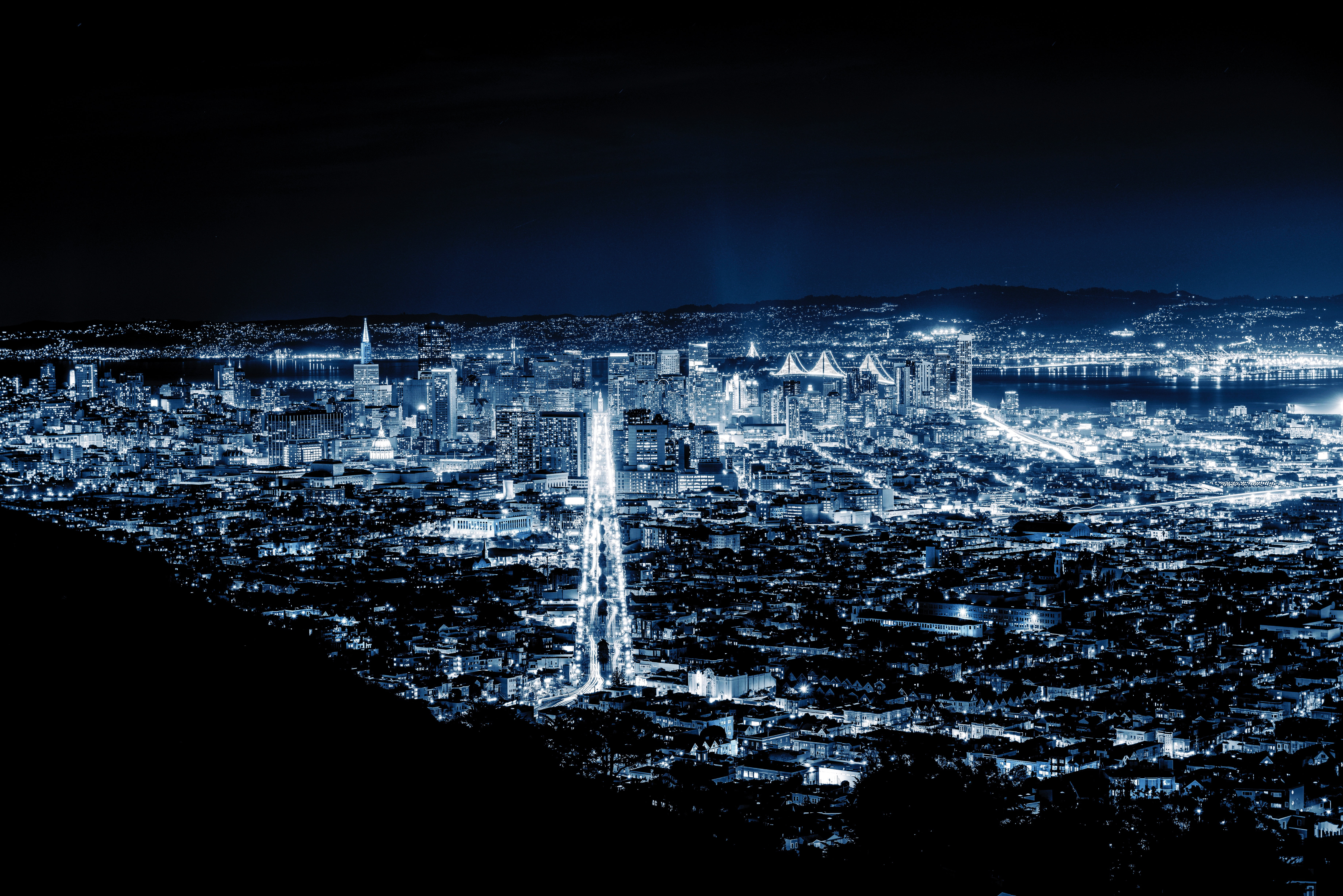 sky, tranquility, no people, San Francisco, Ernest Karchmit, land, building exterior, 5K, illuminated, lights, sea, aerial view, beauty in nature, city, HD Wallpaper