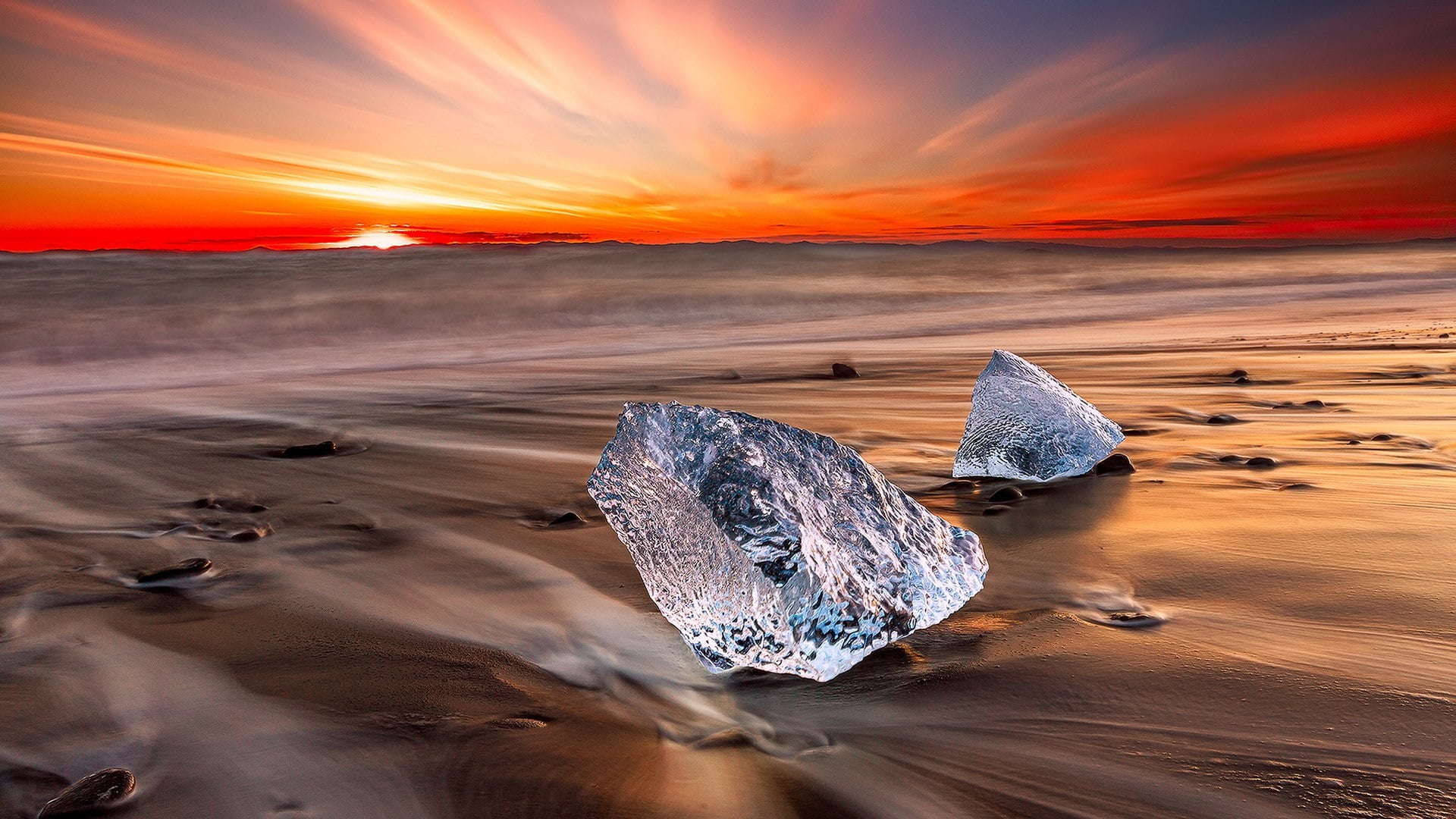 no people, land, sky, iceland, tranquility, sand, jokulsarlon, sunset, water, beauty in nature, cloud - sky, romantic sky, landscape, sun, horizon, 1080P, HD Wallpaper