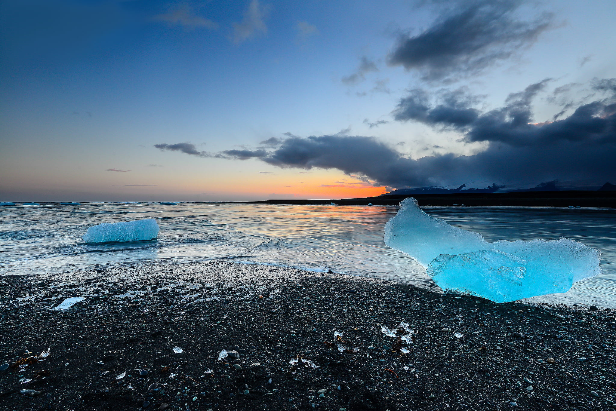 ice, landscape, cloud - Sky, water, reflection, outdoors, vatnajokull, coast, coastline, iceland, sunset, environment, blue, jokulsarlon, 1080P, summer, HD Wallpaper