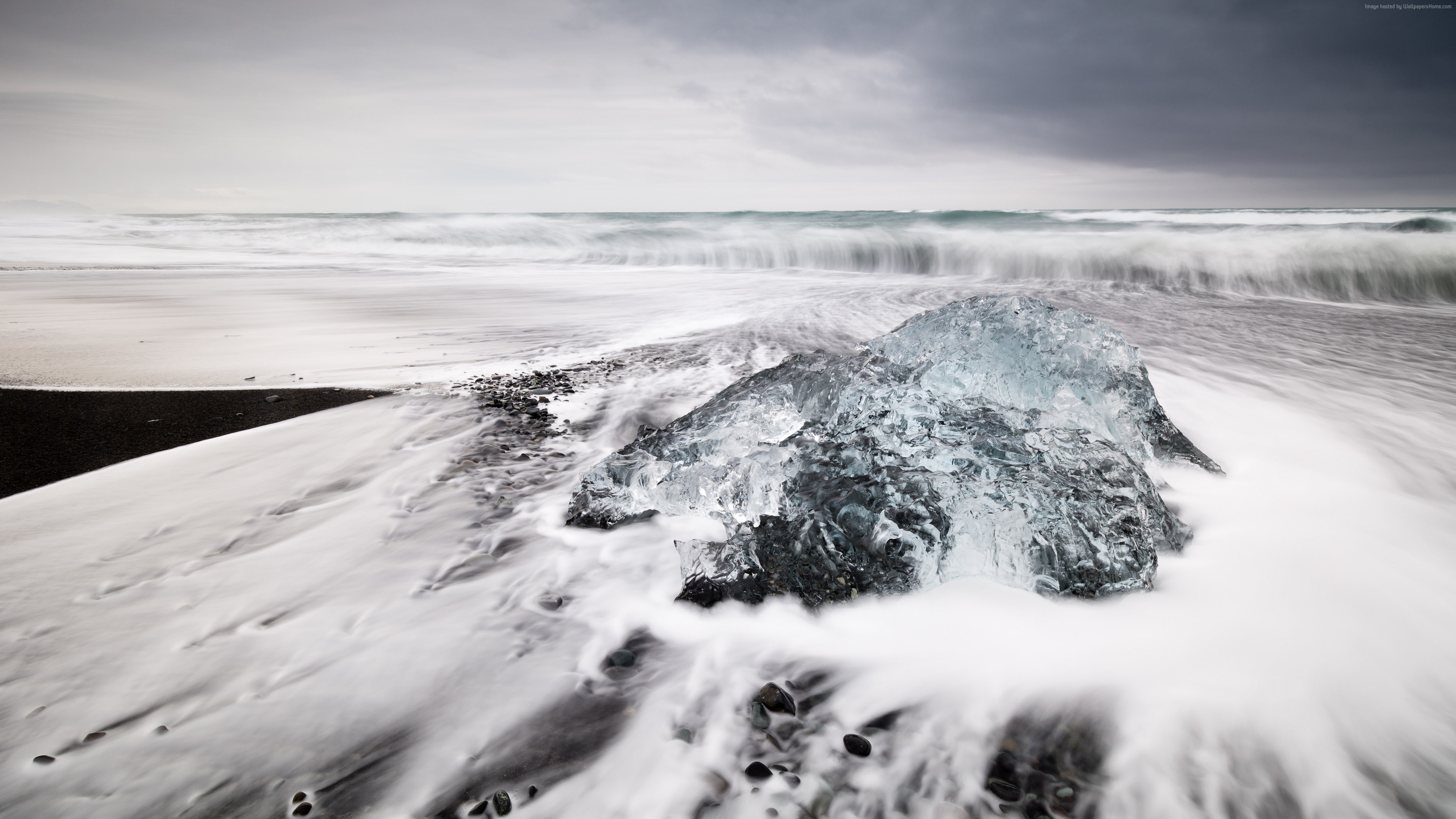 snow, tranquility, cloud - sky, 4K, Iceland, winter, long exposure, water, cold temperature, white, flowing, blurred motion, Jokulsarlon beach, outdoors, HD Wallpaper