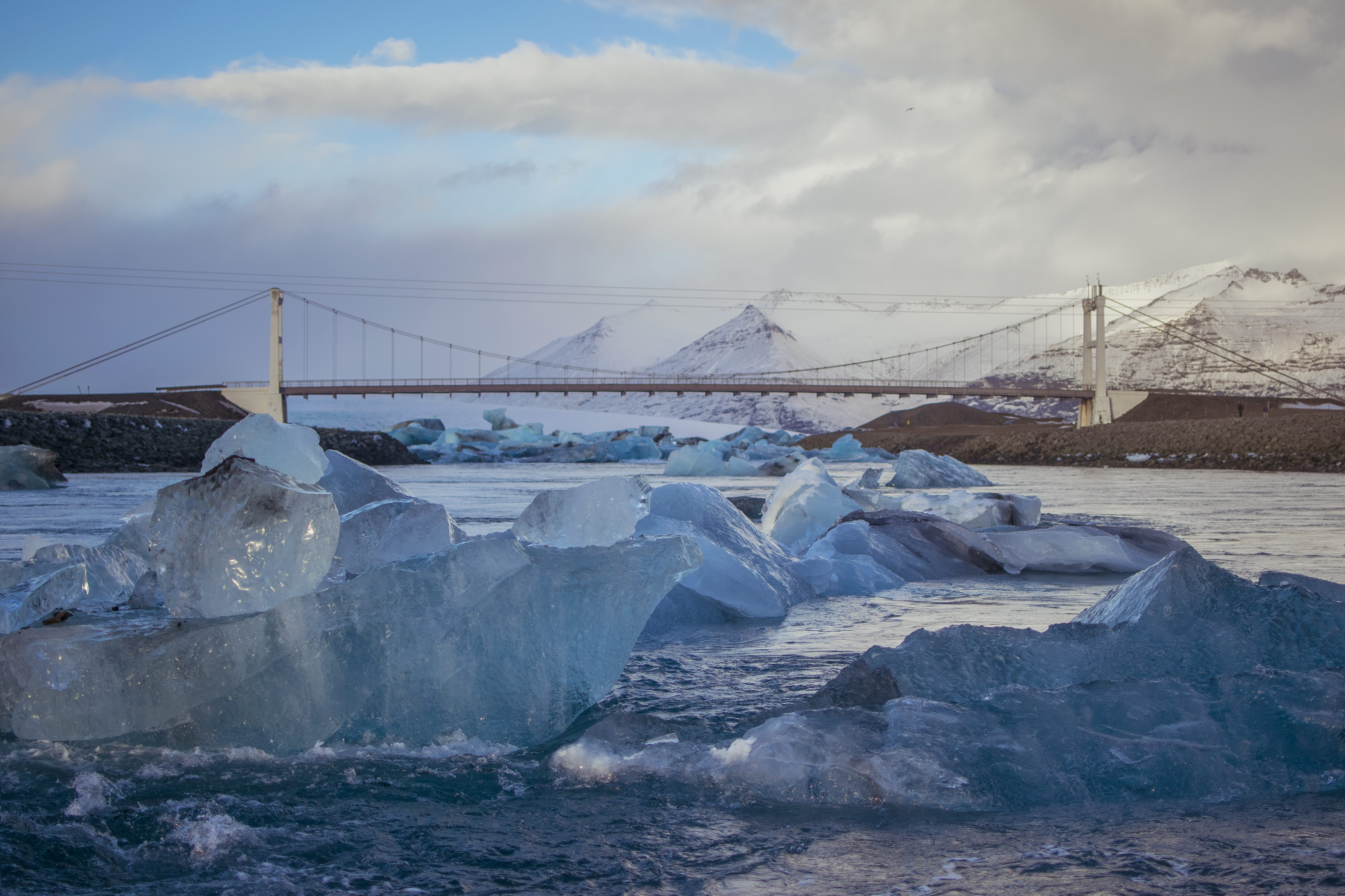 tranquil scene, bridge, environment, water, 5K, landscape, connection, clouds, glacier, outdoors, jokulsarlon, snow, mountains, iceland, no people, day, HD Wallpaper