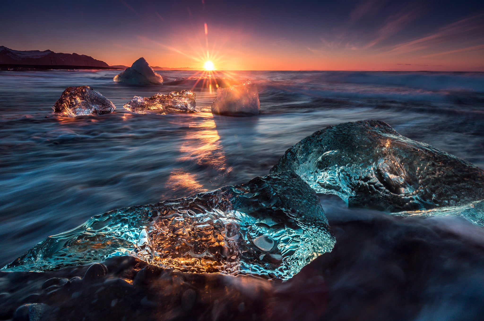 the glacial lagoon of Jökulsárlón, ice, land, nature, scenics - nature, cloud - sky, sun, Iceland, beauty in nature, rocks, long exposure, sunset, the sun, HD Wallpaper