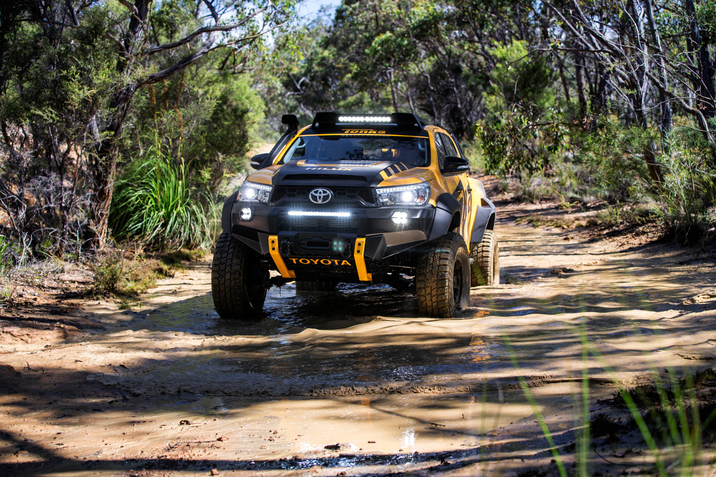 vehicle, 2K, Toyota HiLux Tonka, toyota, Concept trucks, muddy, road, 2017, black, yellow, HD Wallpaper