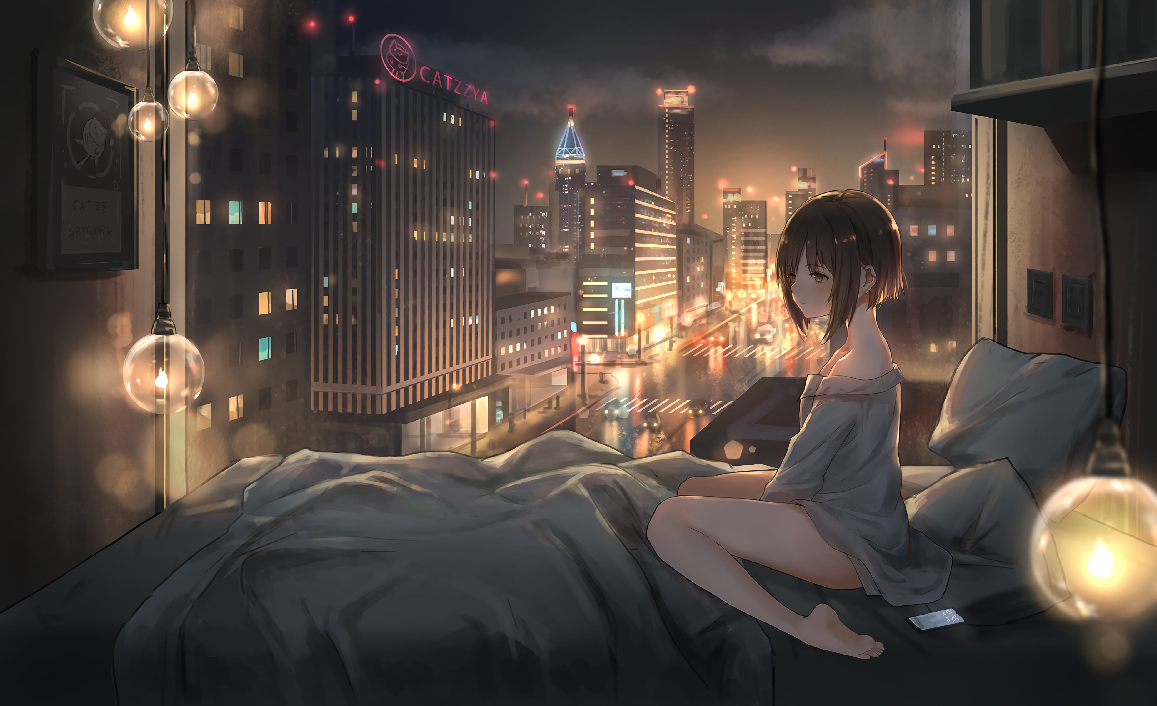 anime, 4K, room, night, getting up, HD Wallpaper