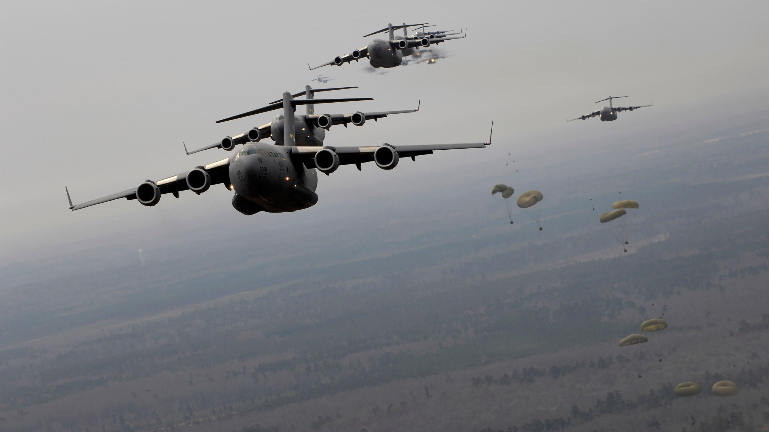 day, airplane, military, paratroopers, journey, low angle view, nature, air vehicle, plane, outdoors, motion, helicopter, travel, sky, mid-air, no people, HD Wallpaper